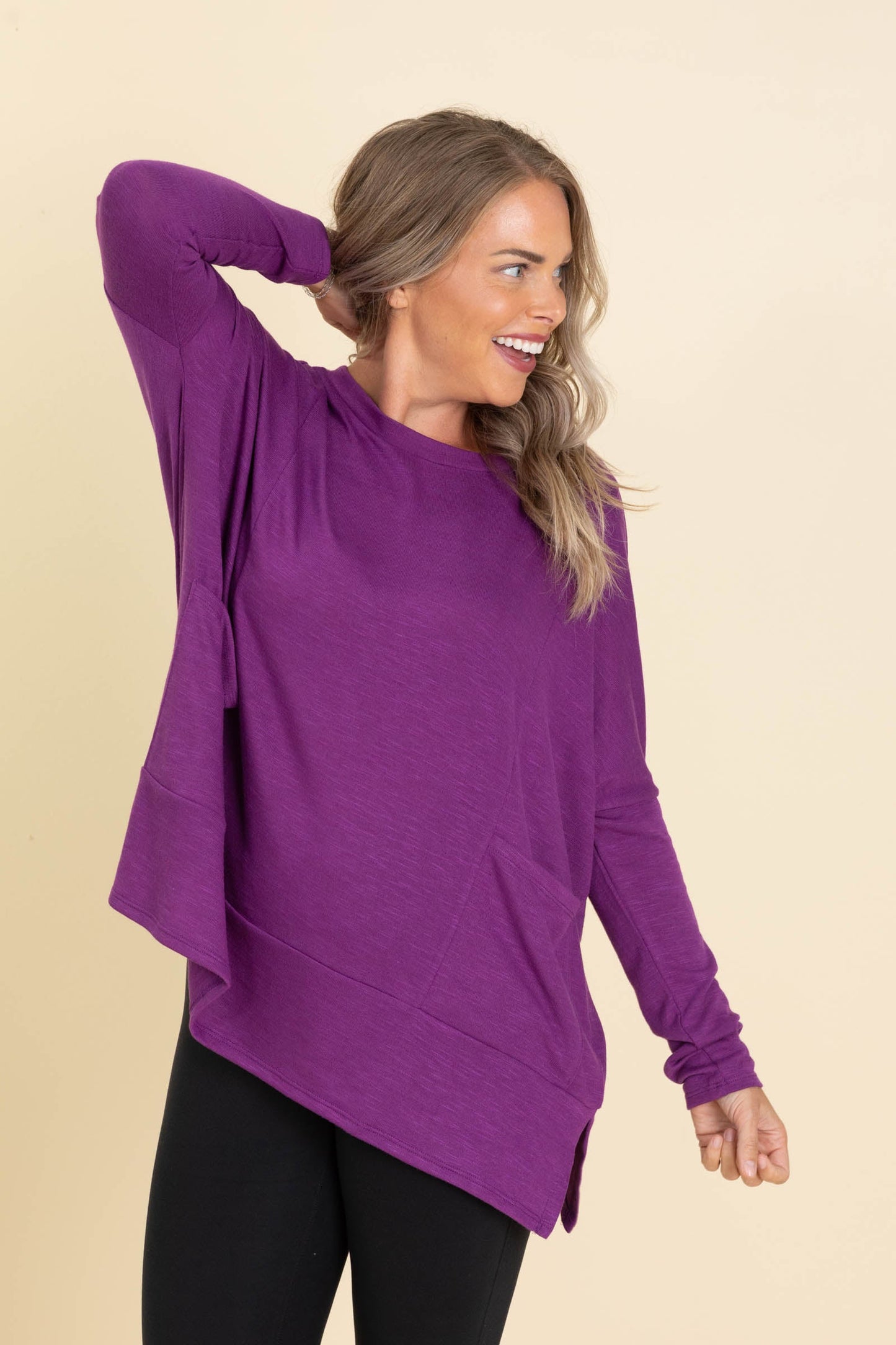 Solid Knit Tops Long Sleeves With Side Pockets