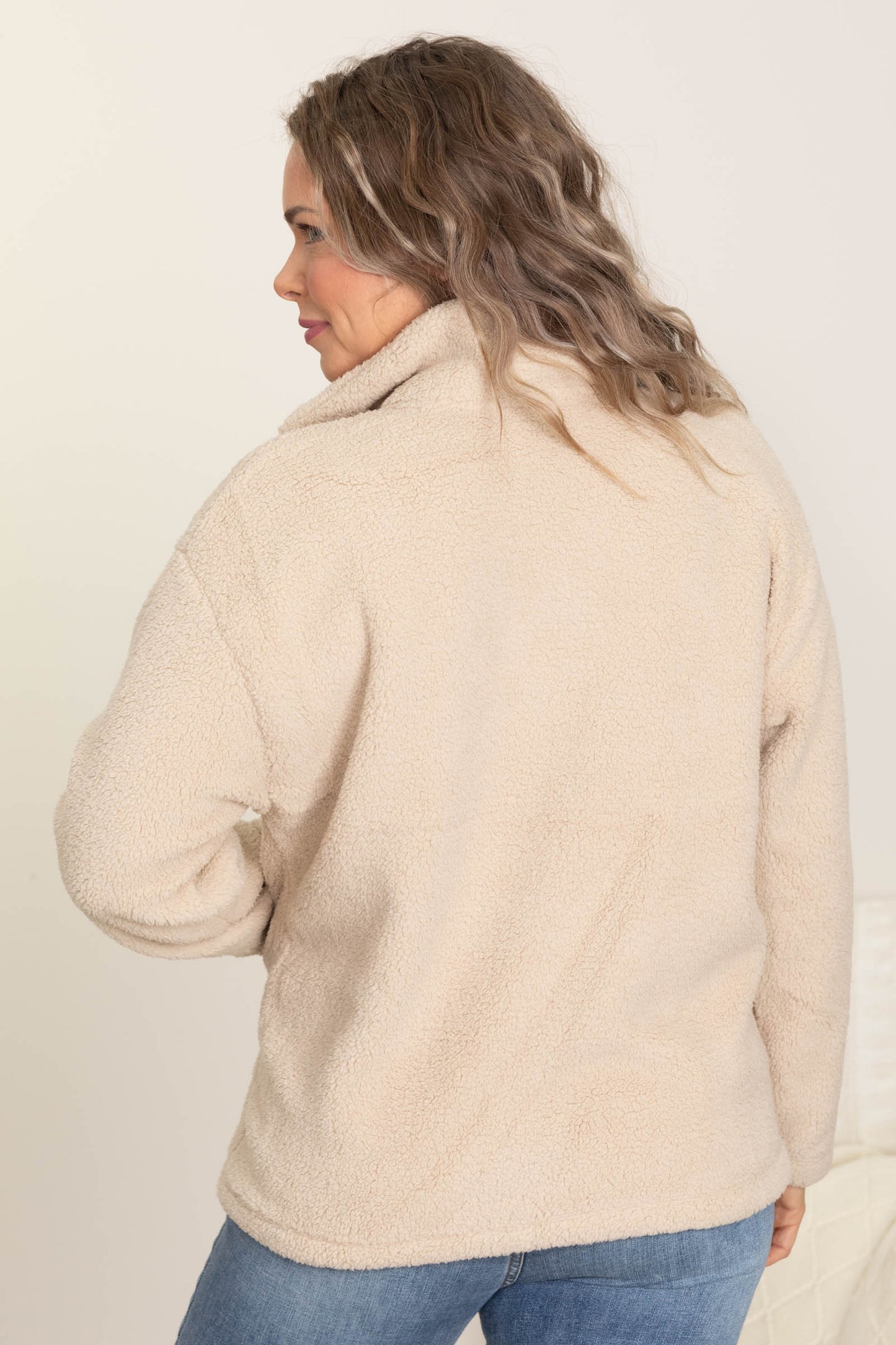 Beige Collared Half Zip Up Fleece Jacket
