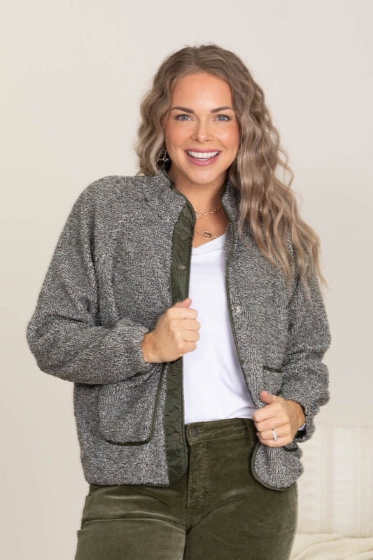 Olive Contrast Fleece Snap Button Jacket