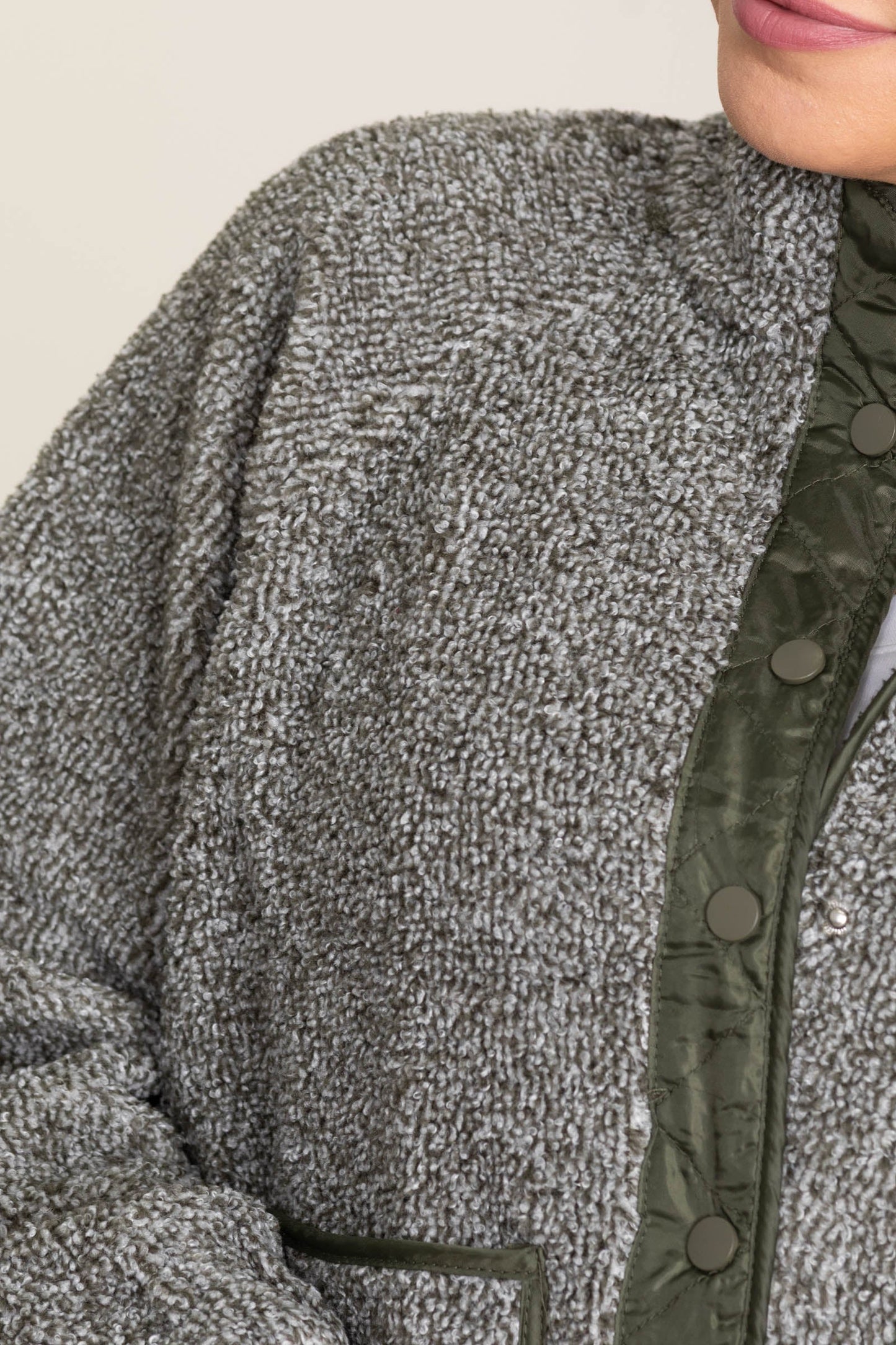 Olive Contrast Fleece Snap Button Jacket