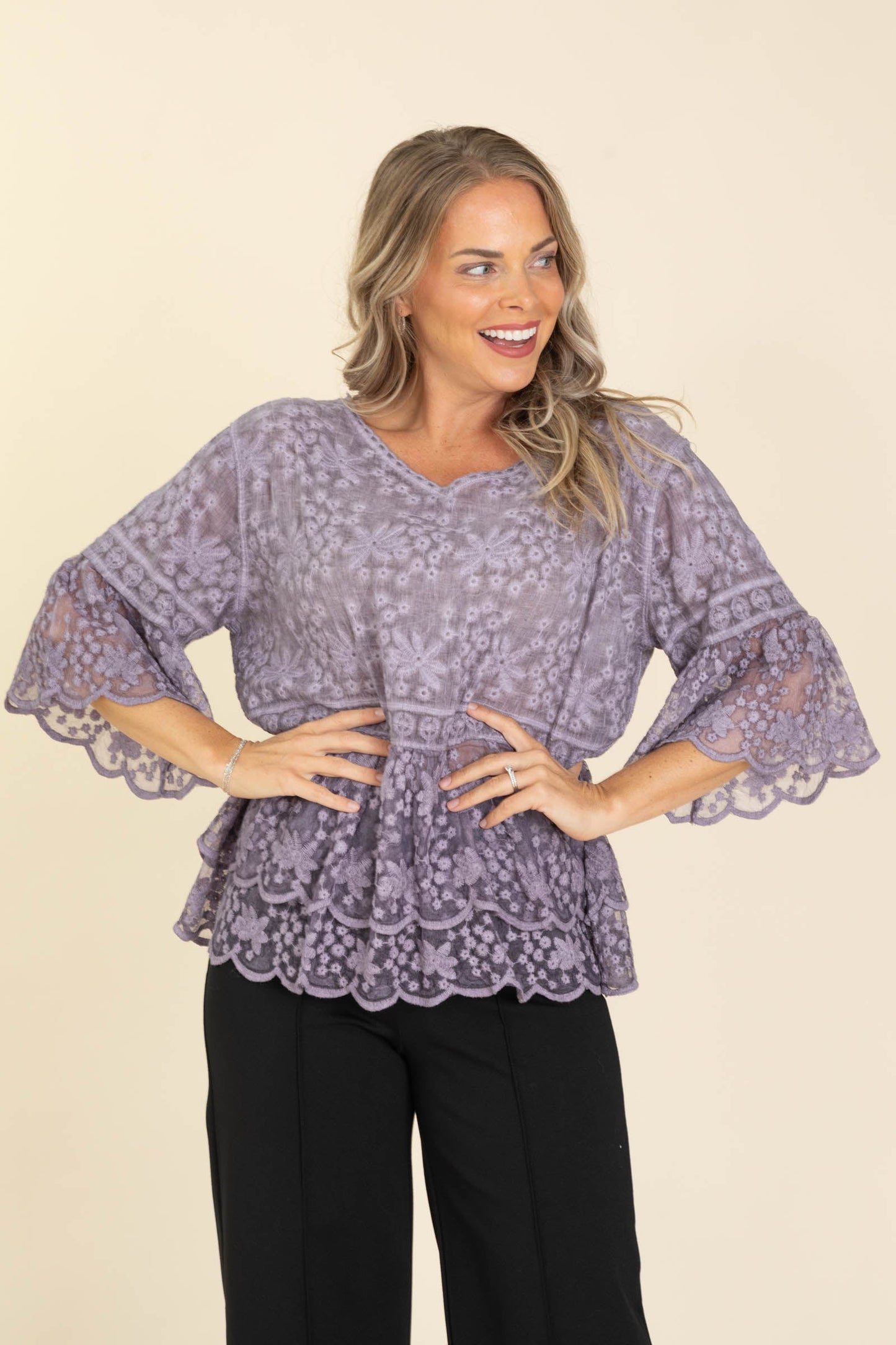 Lavender Lace Bell Sleeve Knit Top