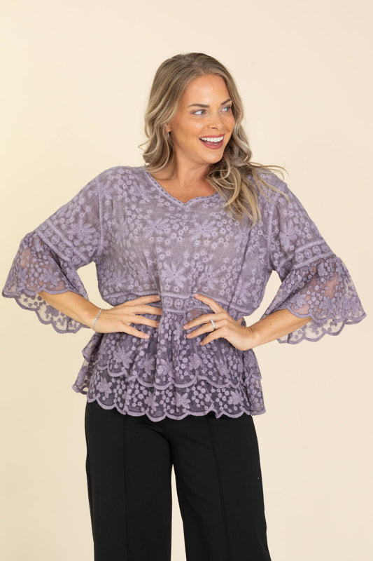 Lavender Lace Bell Sleeve Knit Top