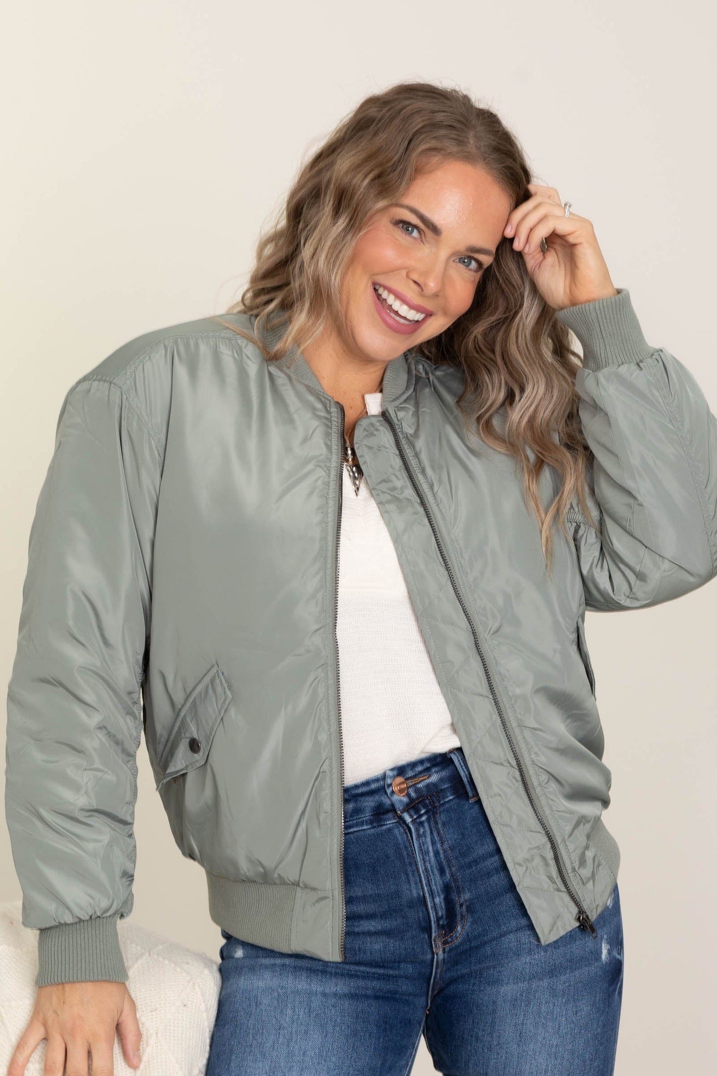 Dusty Olive Ruched Zip Up Bomber Jacket