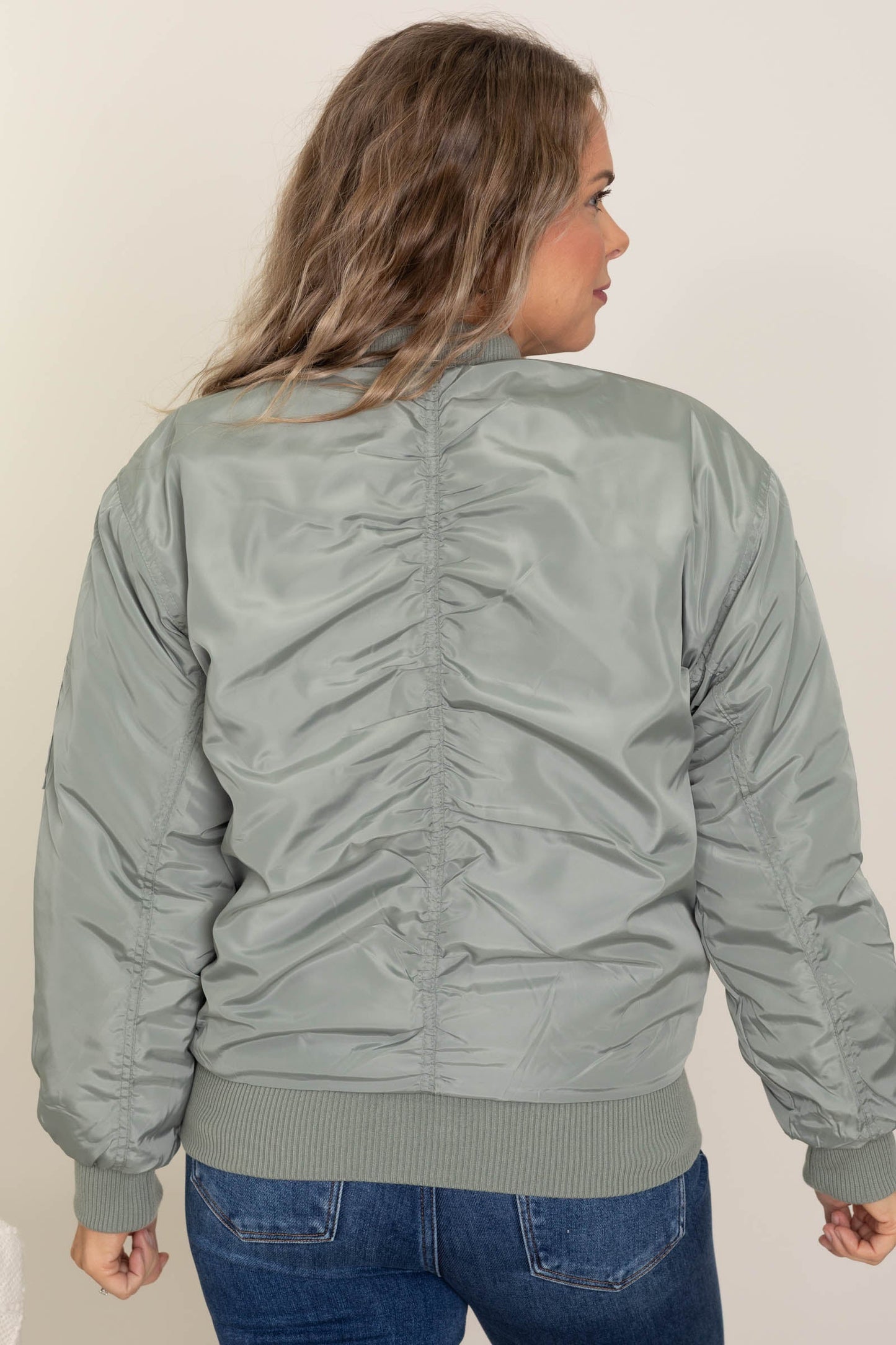 Dusty Olive Ruched Zip Up Bomber Jacket