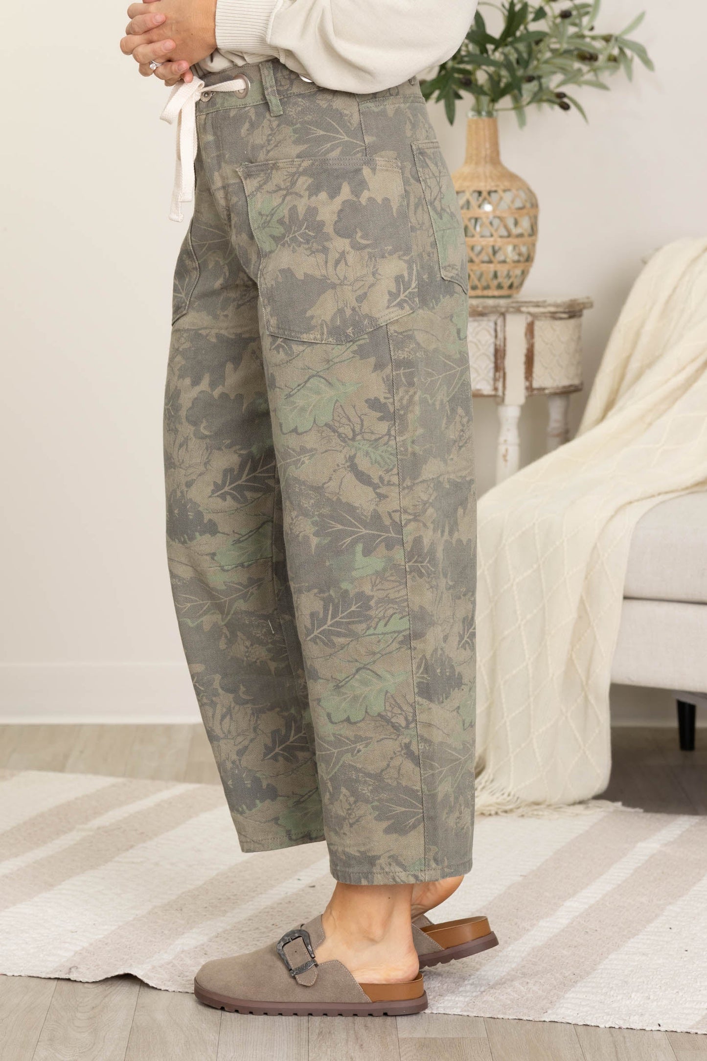 Olive Camo Print Barrel Pants