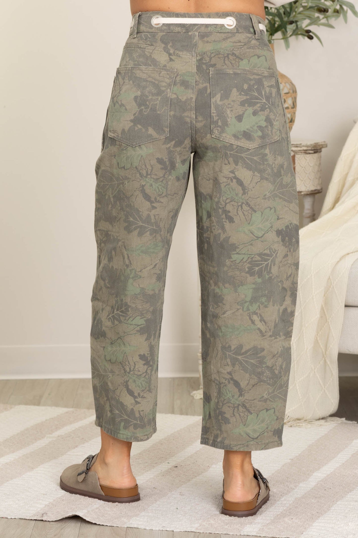 Olive Camo Print Barrel Pants