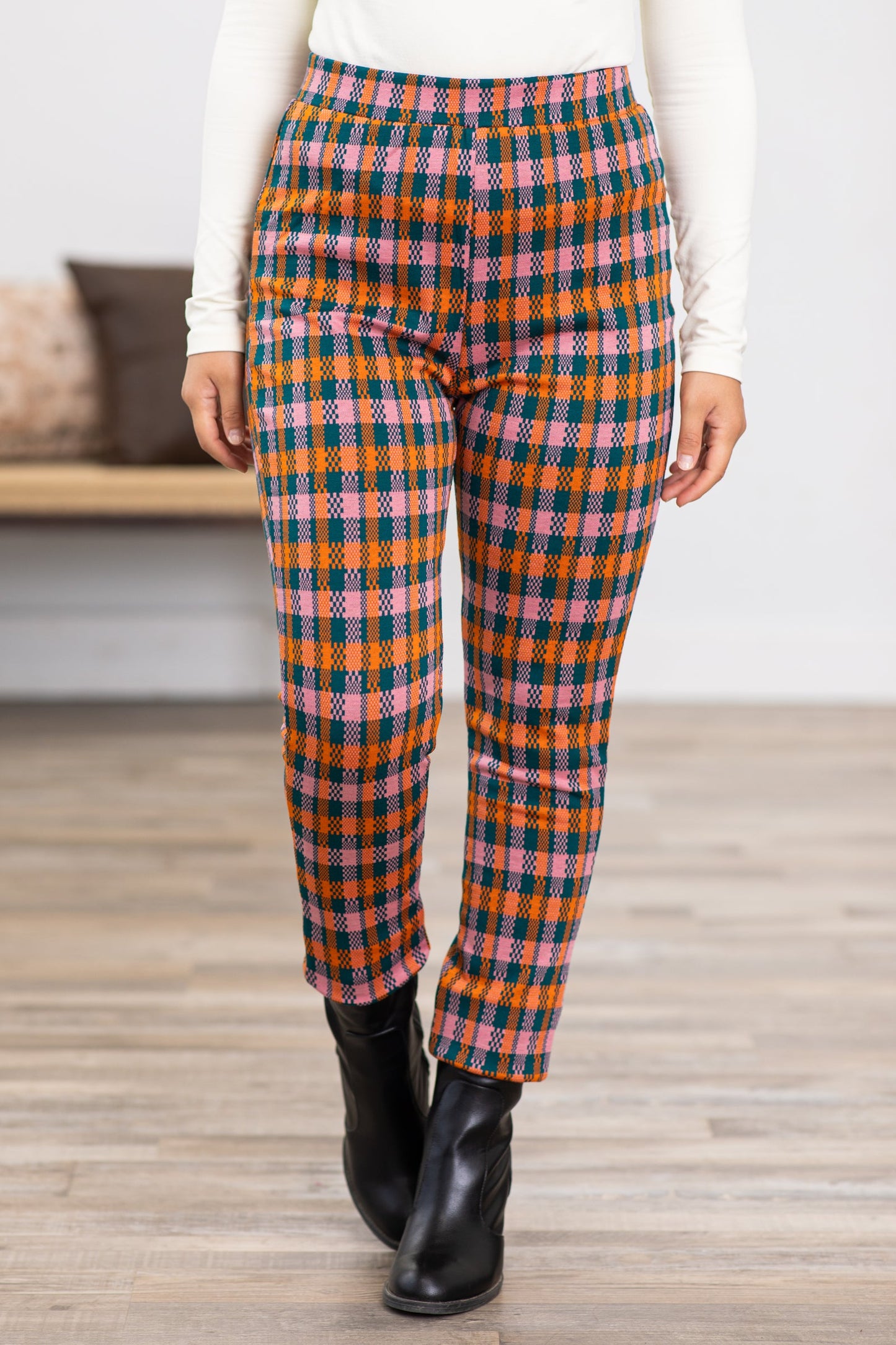 Orange Plaid Pull On Pants