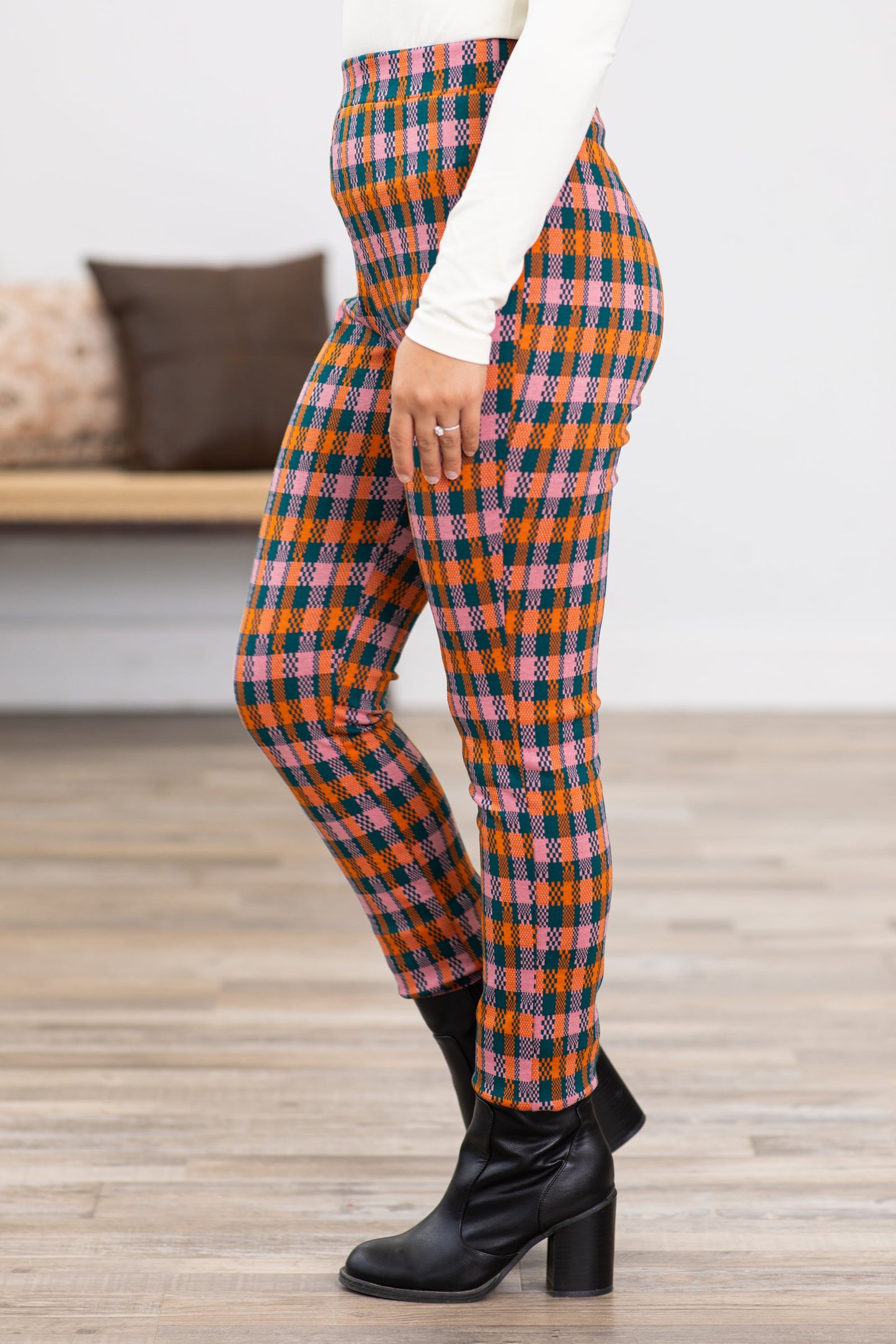 Orange Plaid Pull On Pants