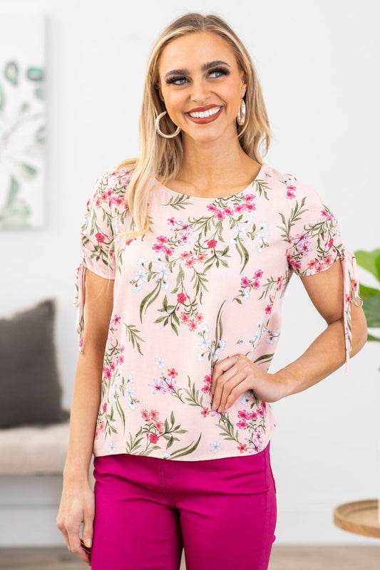 Baby Pink Floral Top With Sleeve Detail