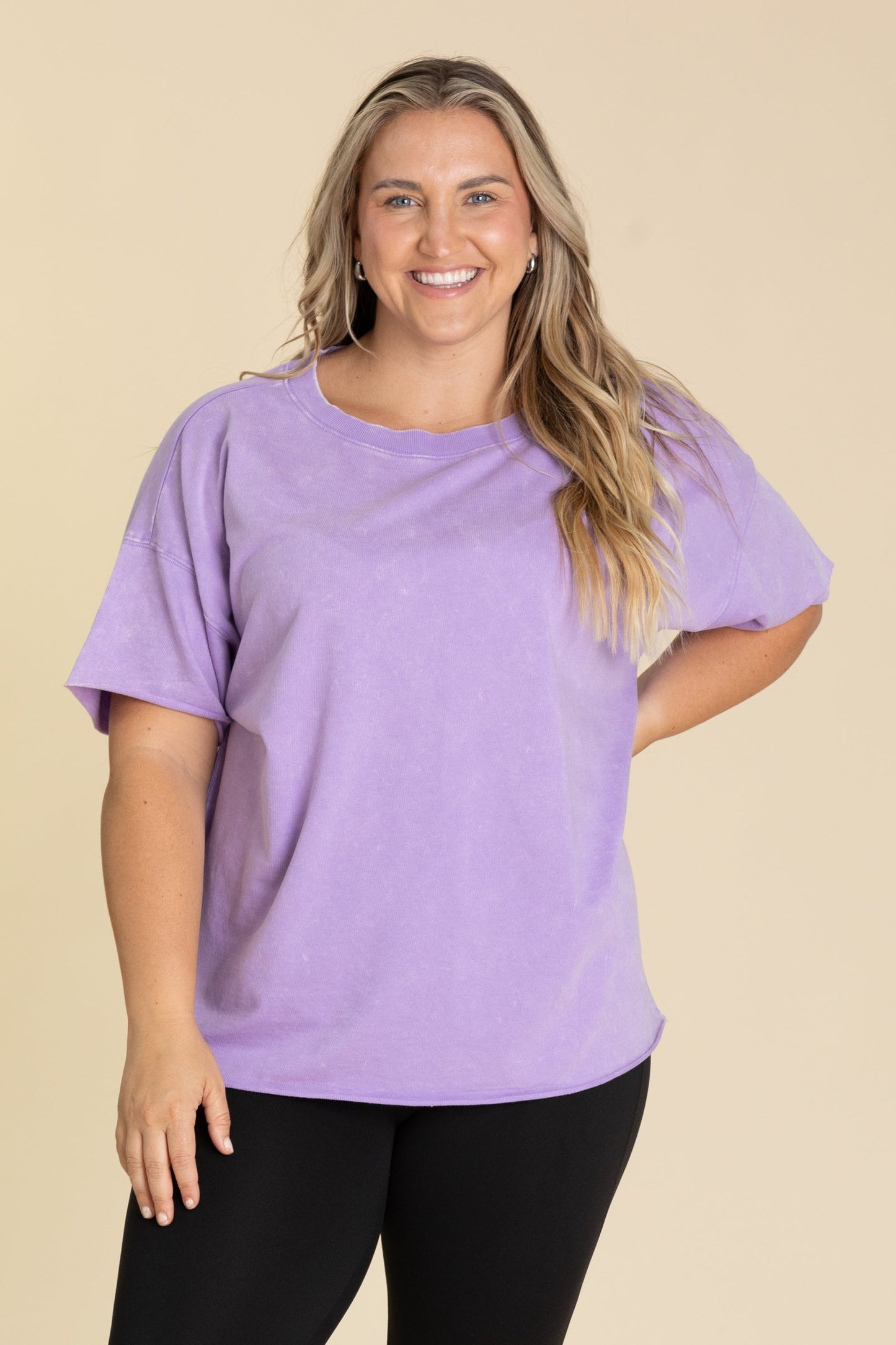 Acid Wash French Terry Drop Shoulder Knit Tops