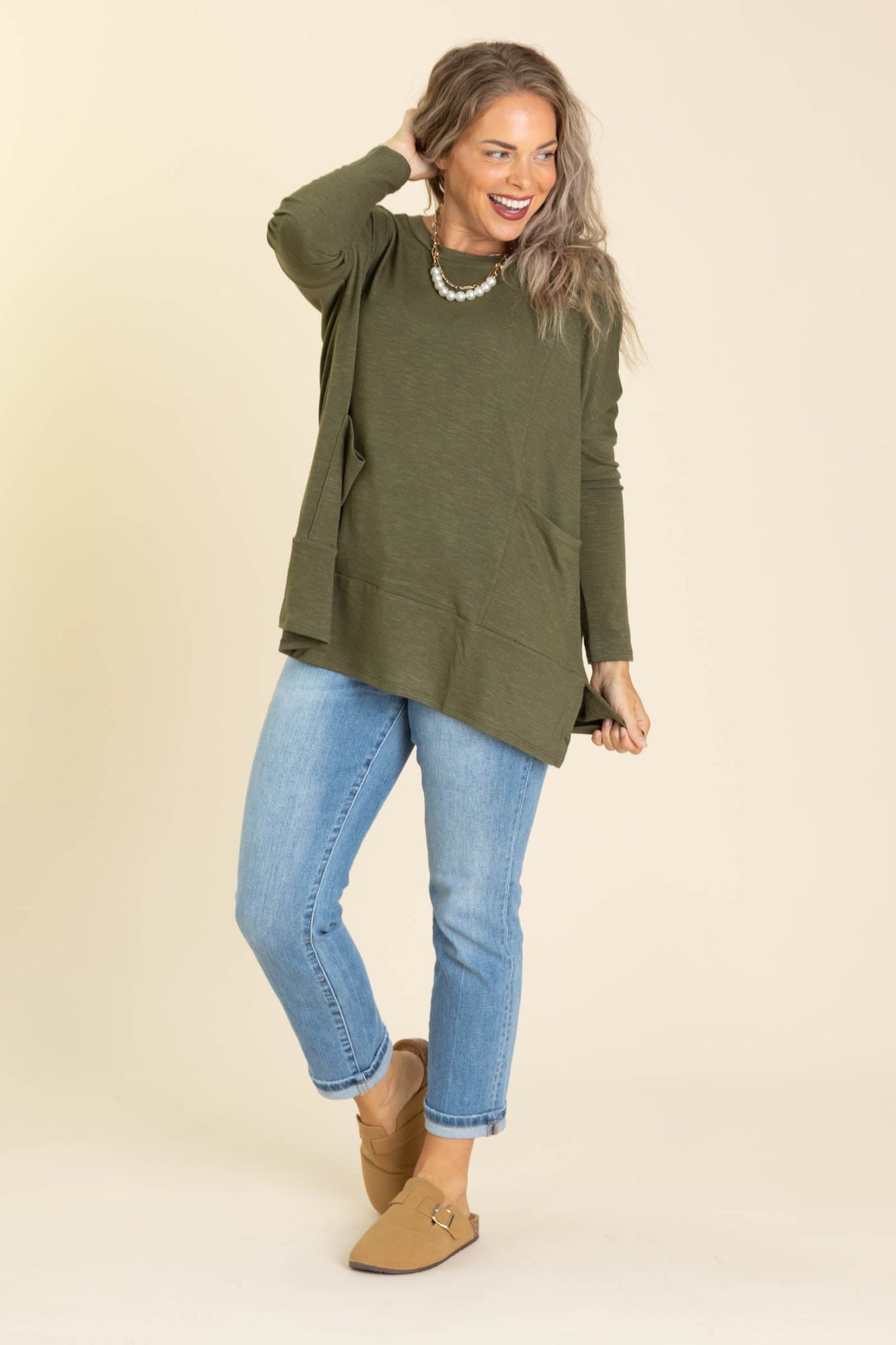 Solid Knit Tops Long Sleeves With Side Pockets