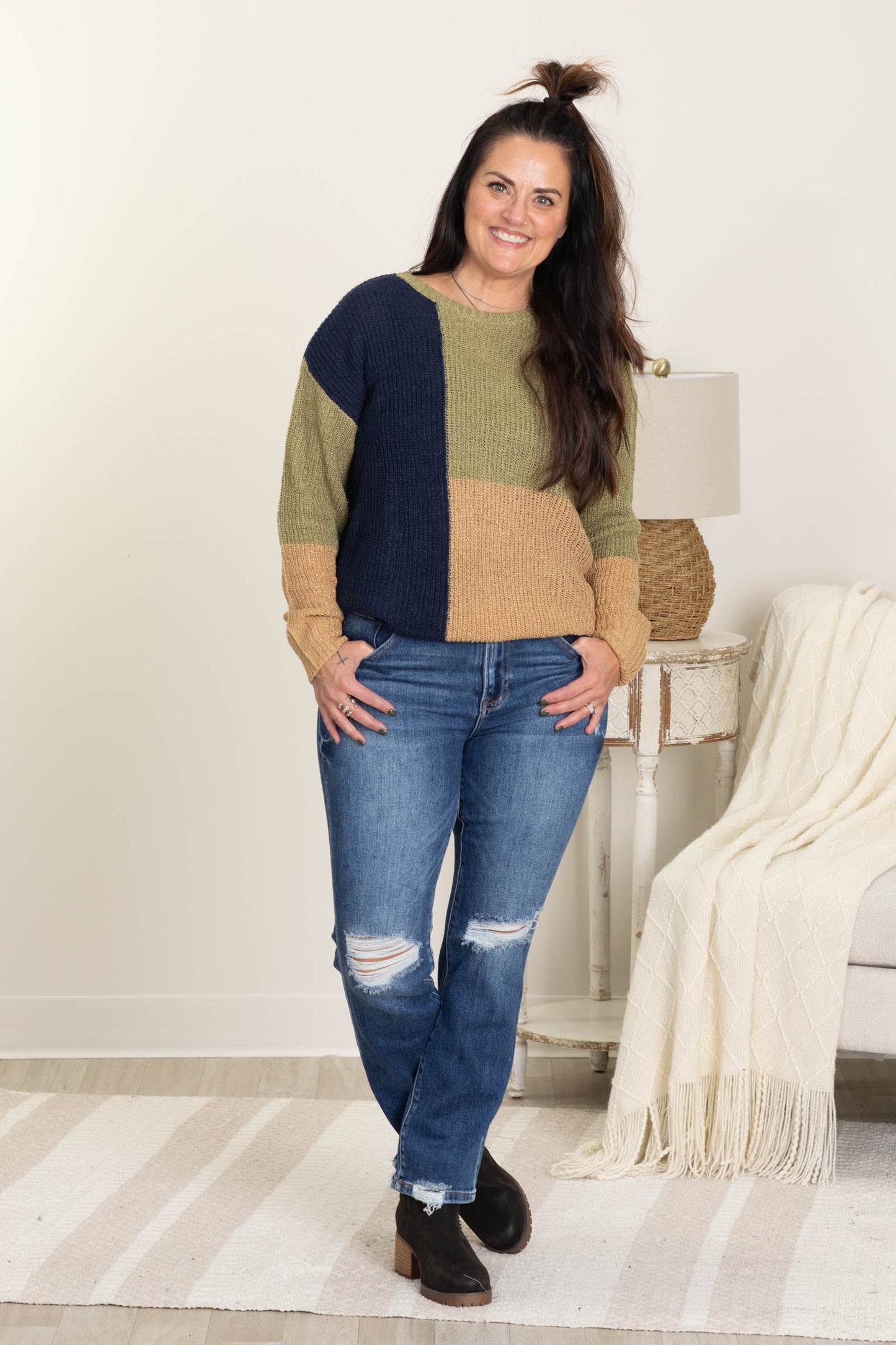 Olive Multi Colorblock Knit Pullover Sweater