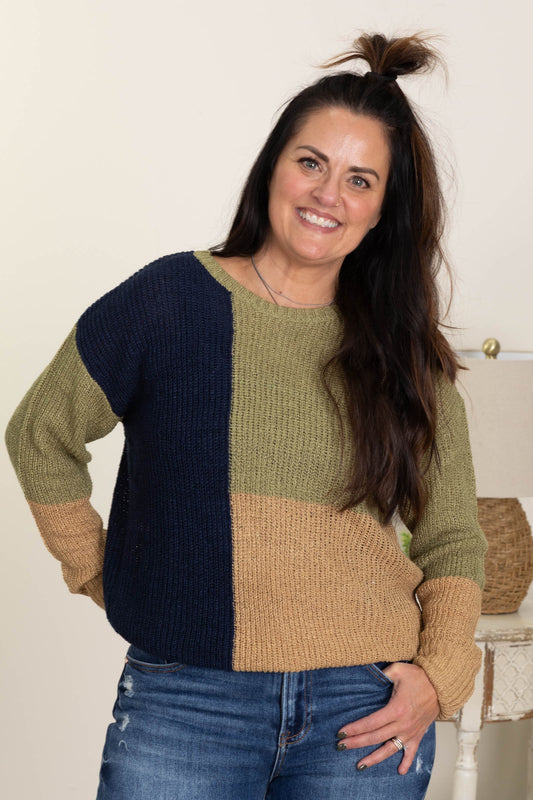 Olive Multi Colorblock Knit Pullover Sweater