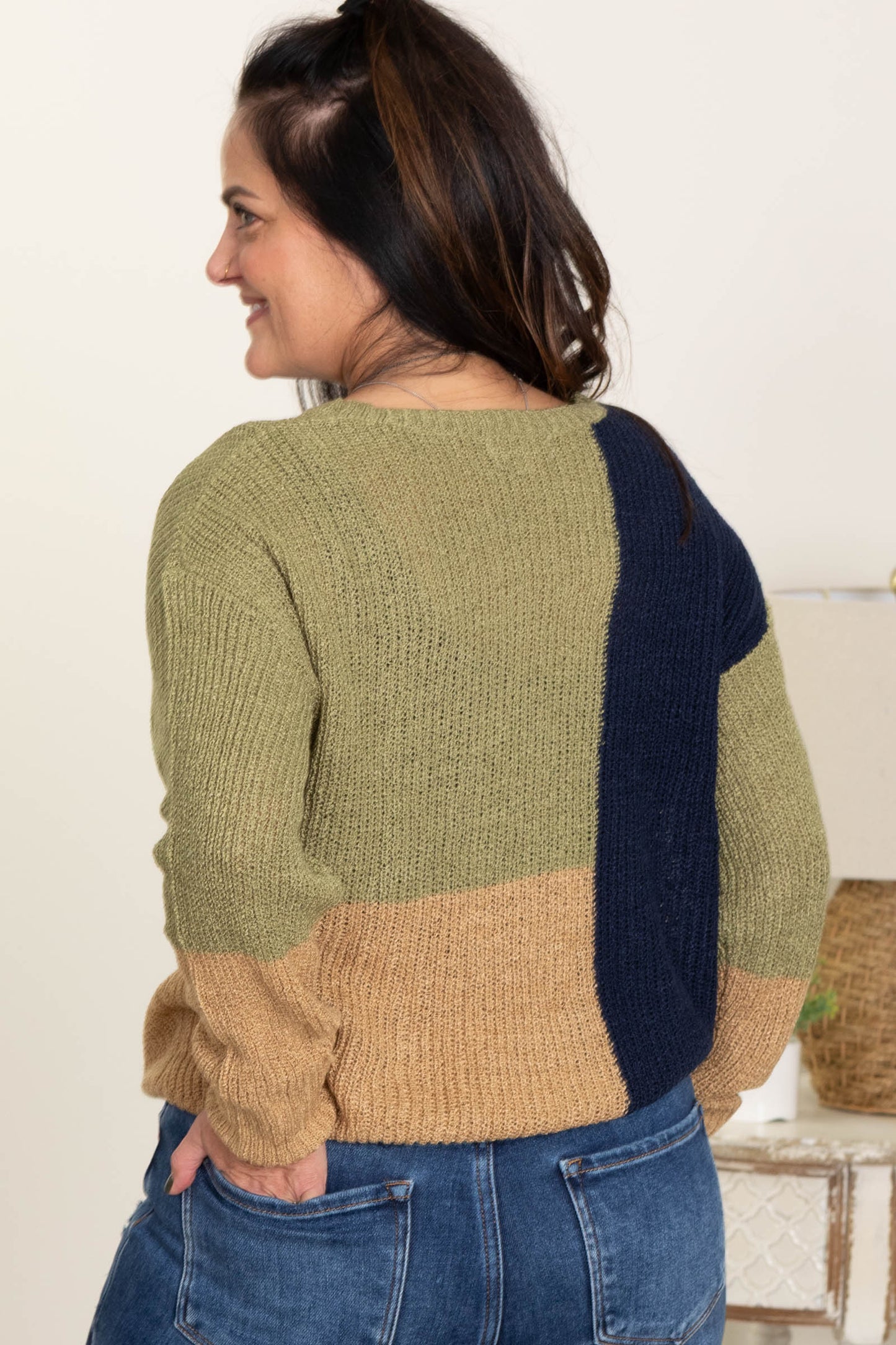 Olive Multi Colorblock Knit Pullover Sweater