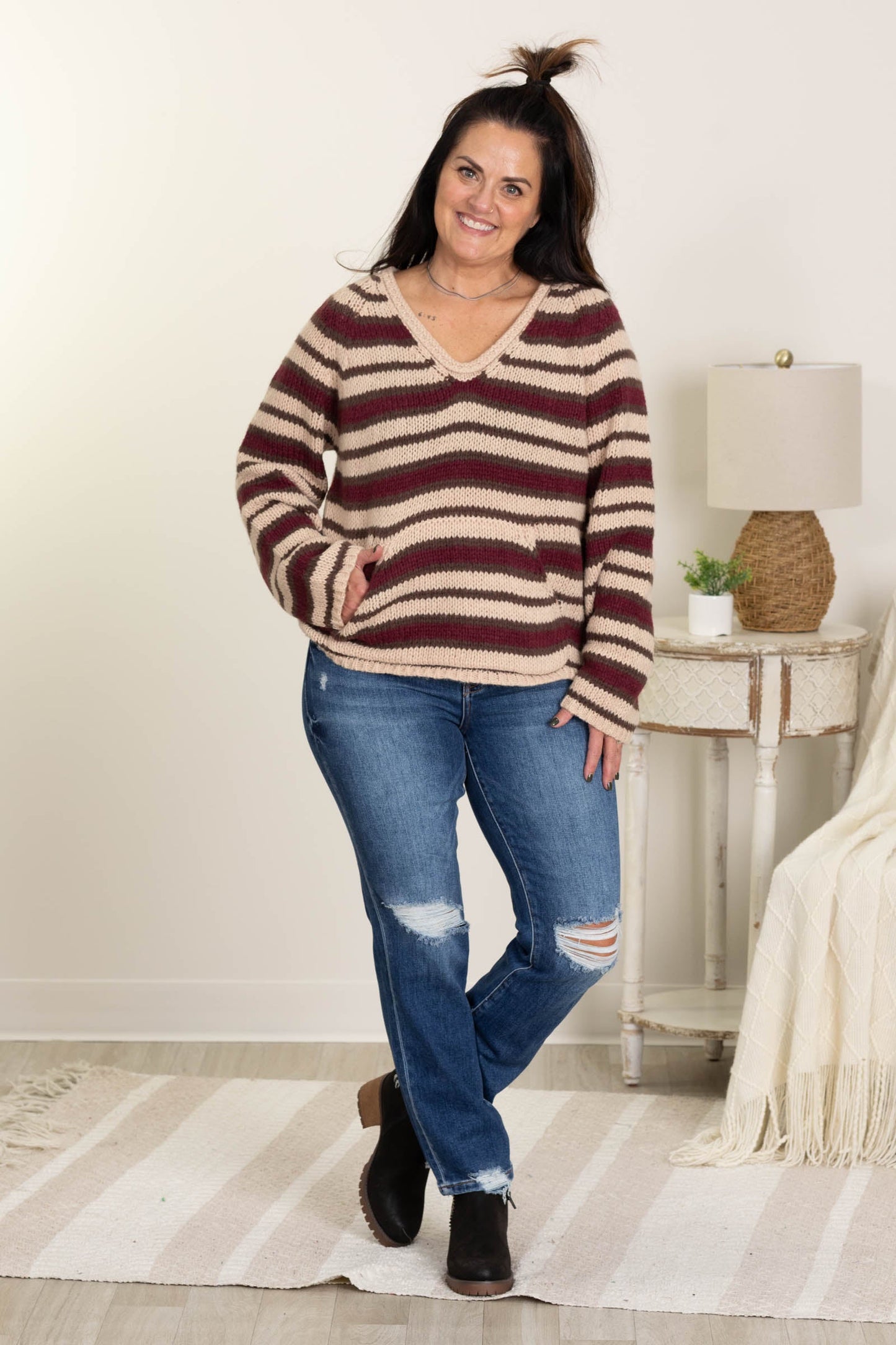 Burgundy Stripe Kangaroo Pocket Sweater