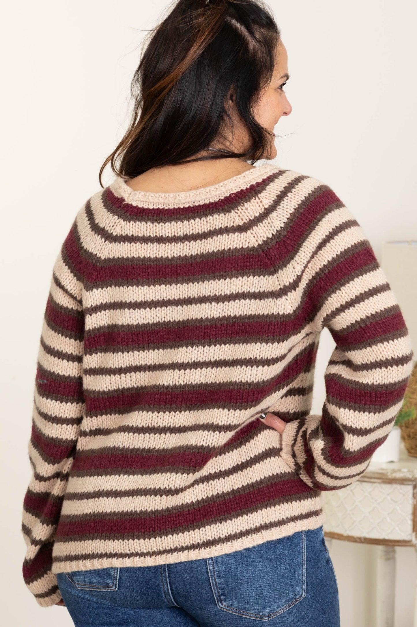 Burgundy Stripe Kangaroo Pocket Sweater