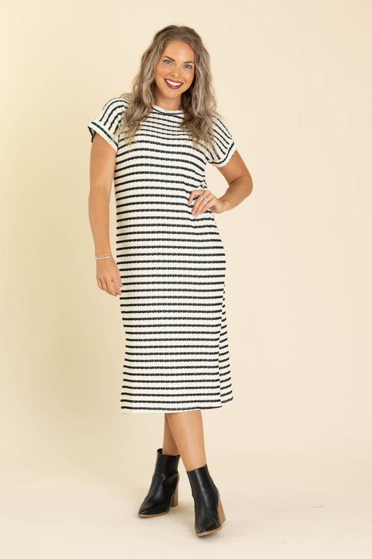 Ivory And Black Textured Stripe Midi Dress