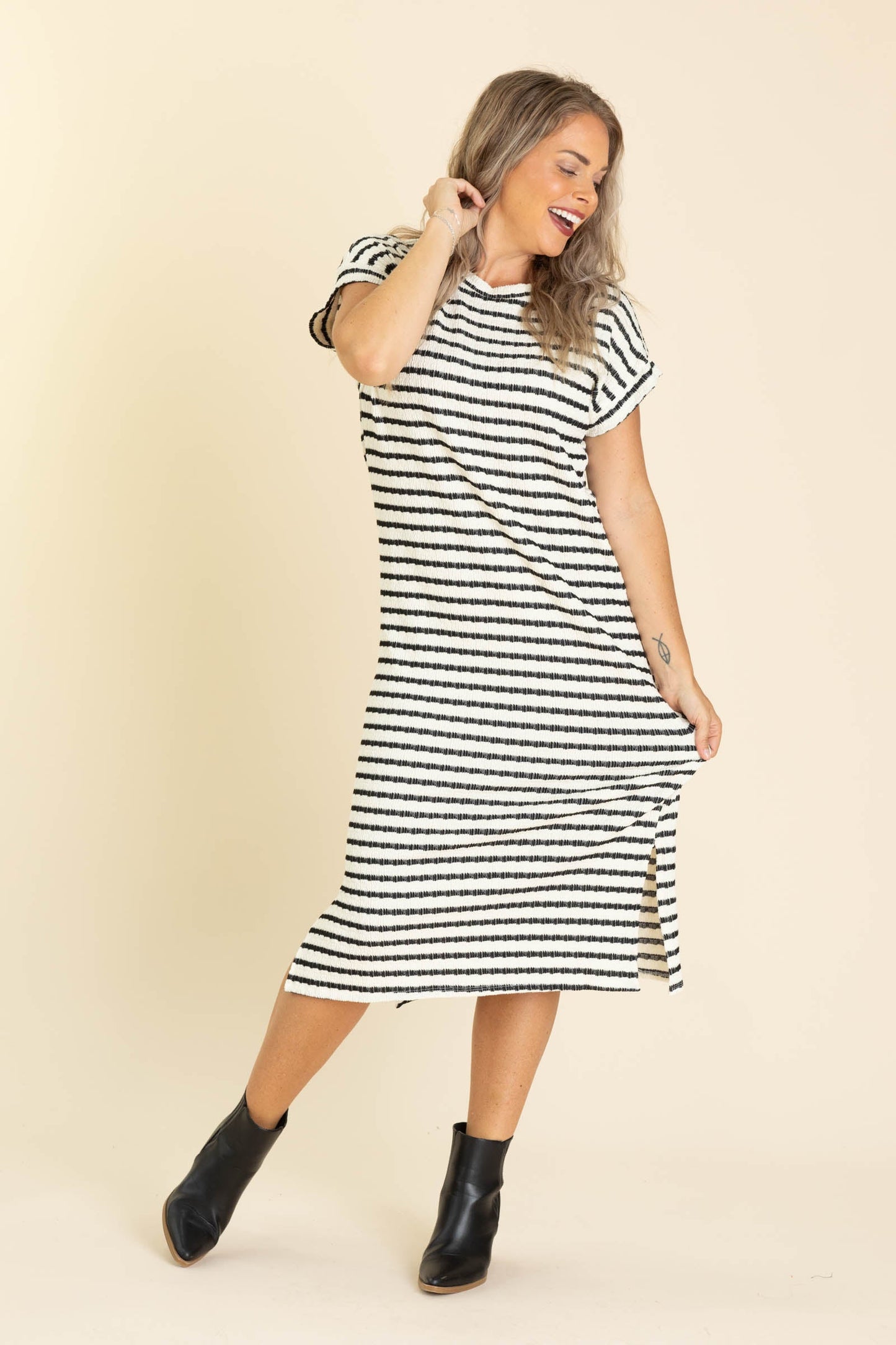Ivory And Black Textured Stripe Midi Dress