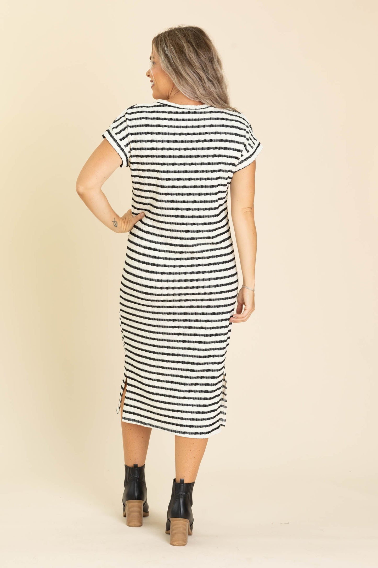Ivory And Black Textured Stripe Midi Dress