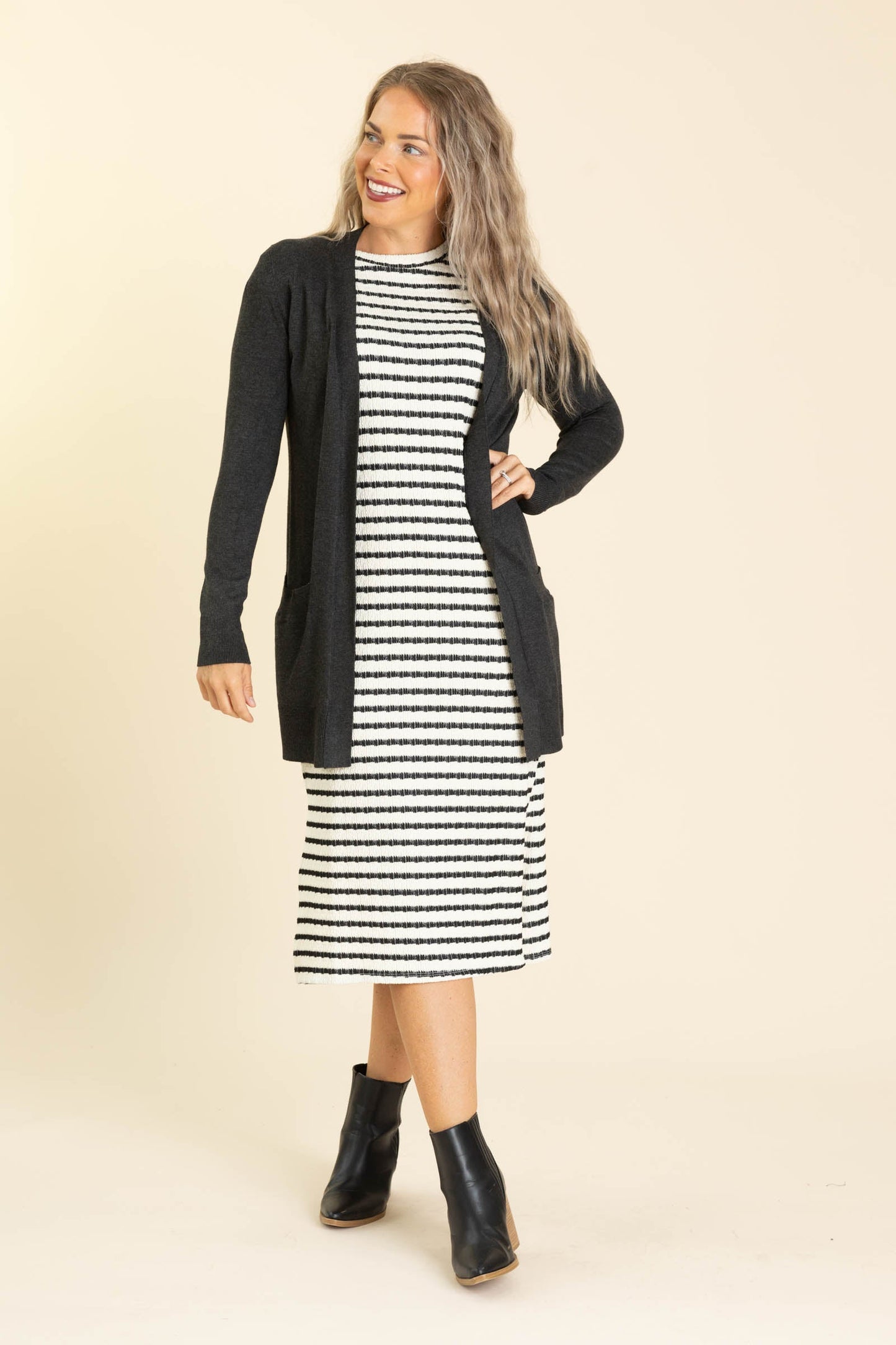 Ivory And Black Textured Stripe Midi Dress