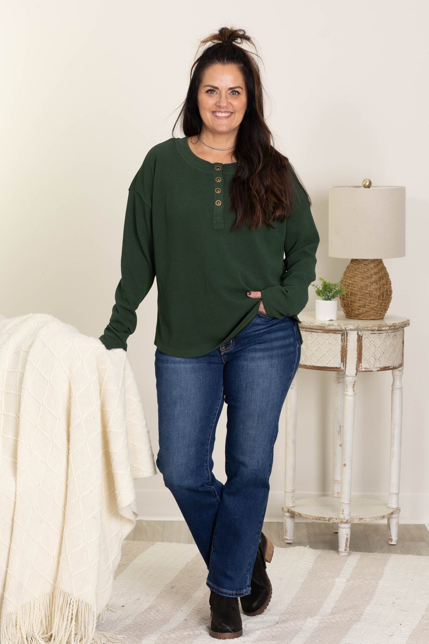 Hunter Green Button Down Long Sleeve Knit Top