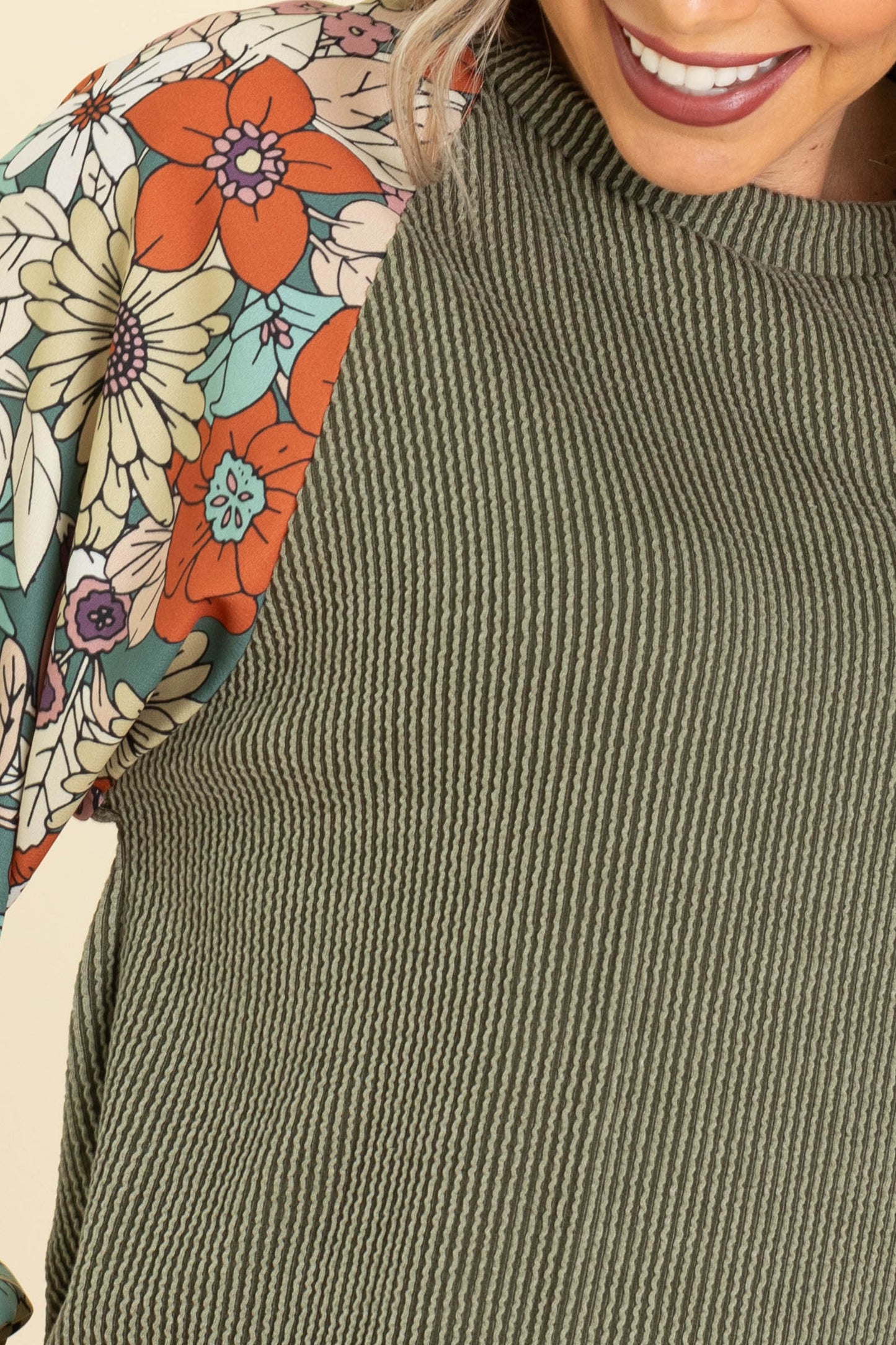 Ribbed Knit Tops With Floral Long Sleeves