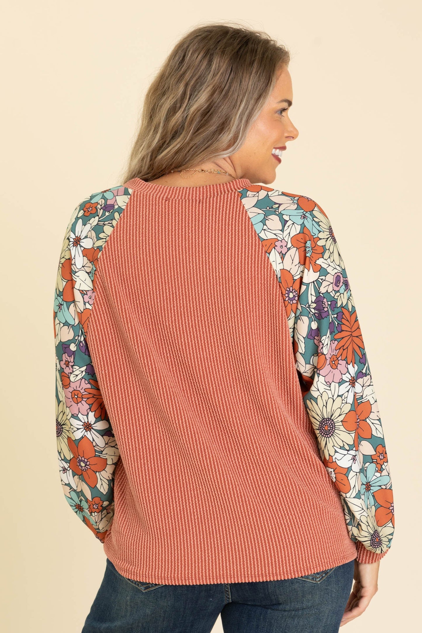 Ribbed Knit Tops With Floral Long Sleeves
