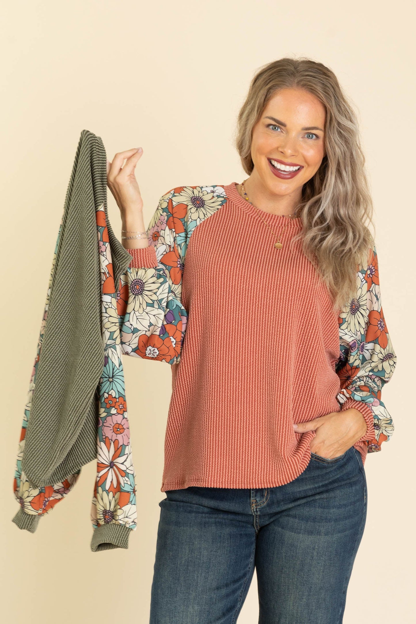 Ribbed Knit Tops With Floral Long Sleeves
