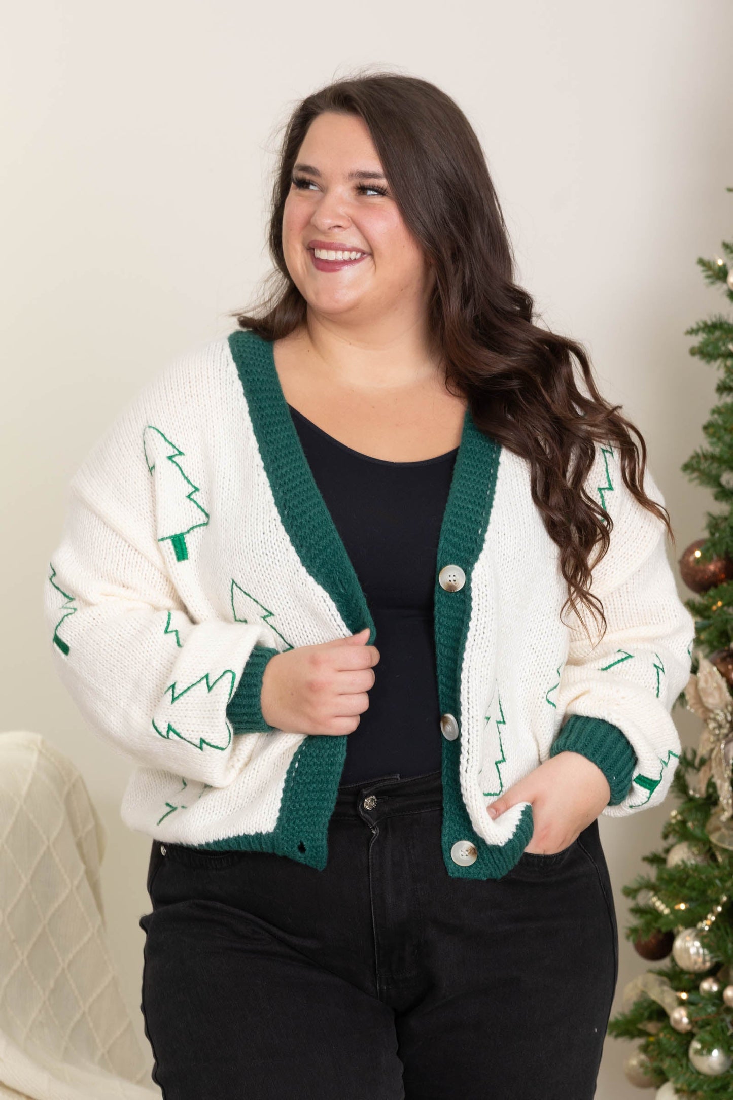 Tree Embroidered Contrast Sweater Cardigans