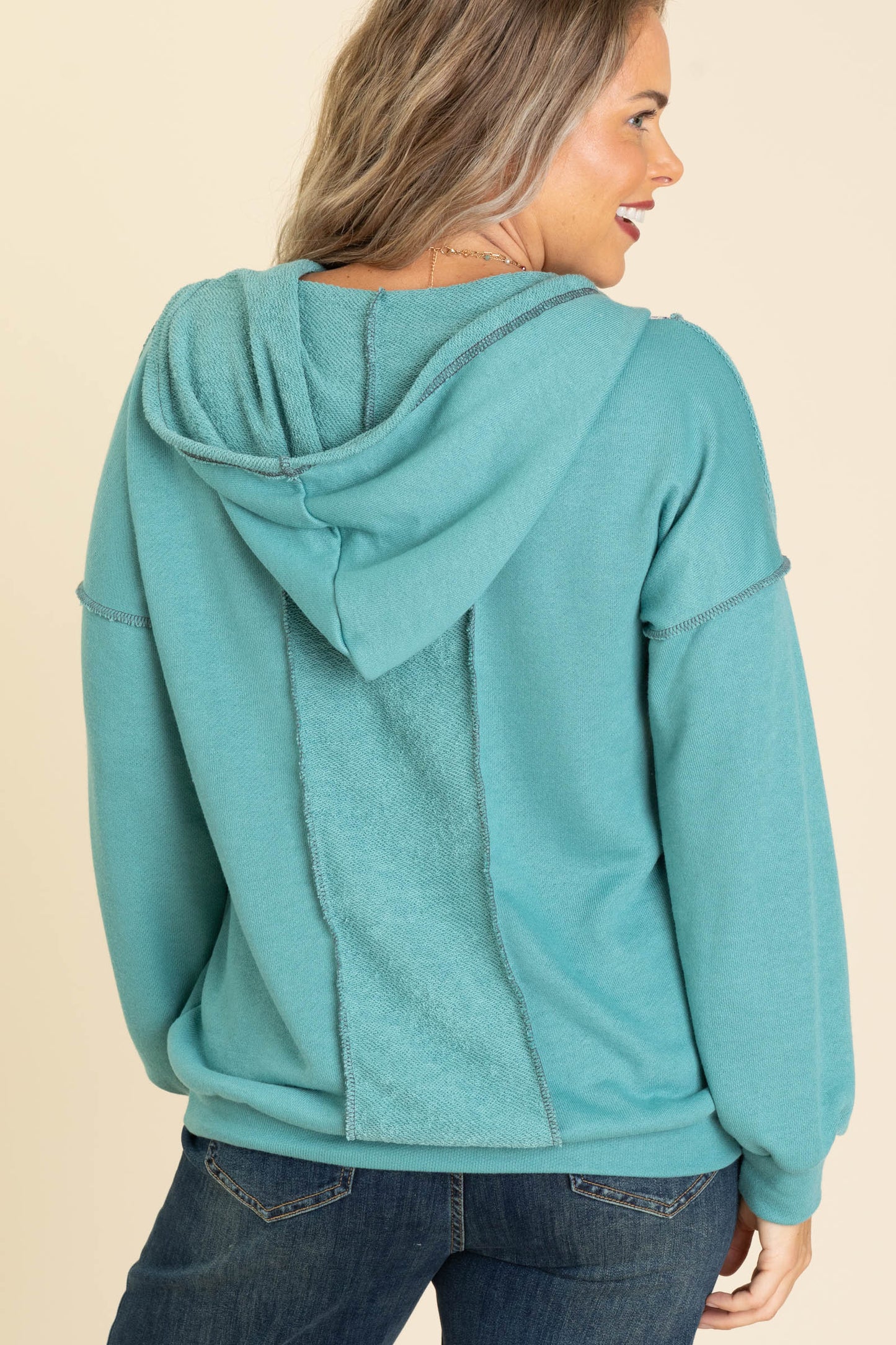 Teal Breezy Knit Long Sleeve Hoodie Top