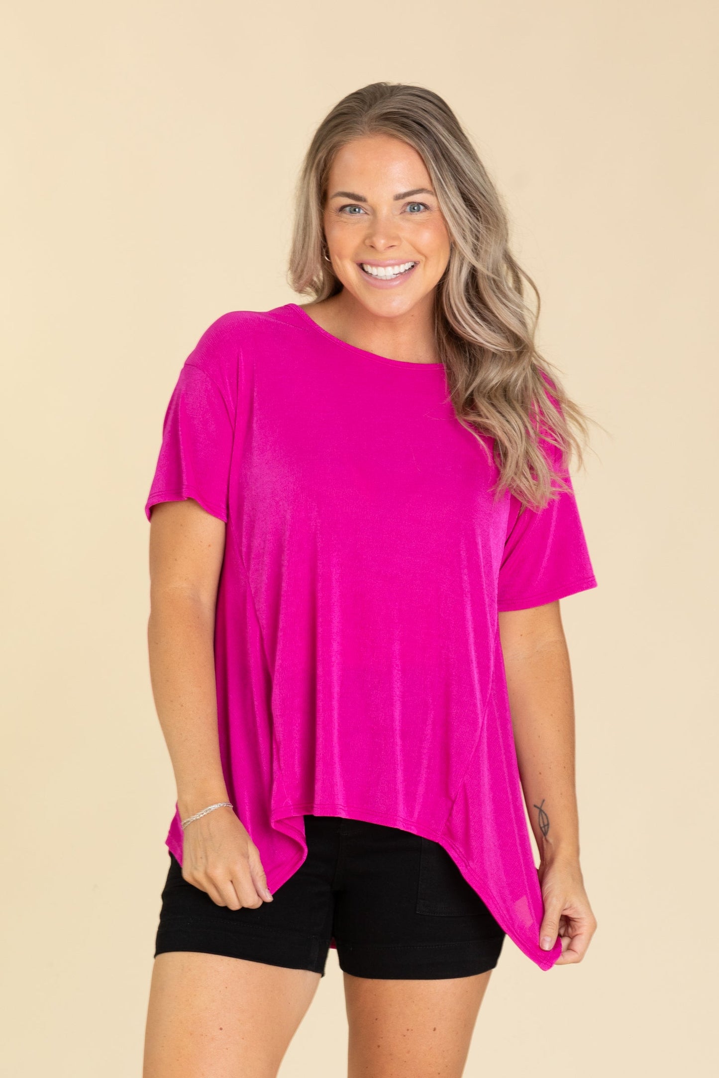Solid Knit Round Neck Short Sleeve Tops