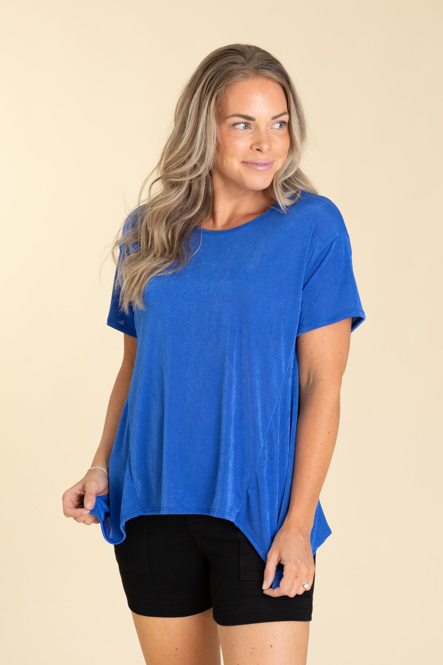 Solid Knit Round Neck Short Sleeve Tops