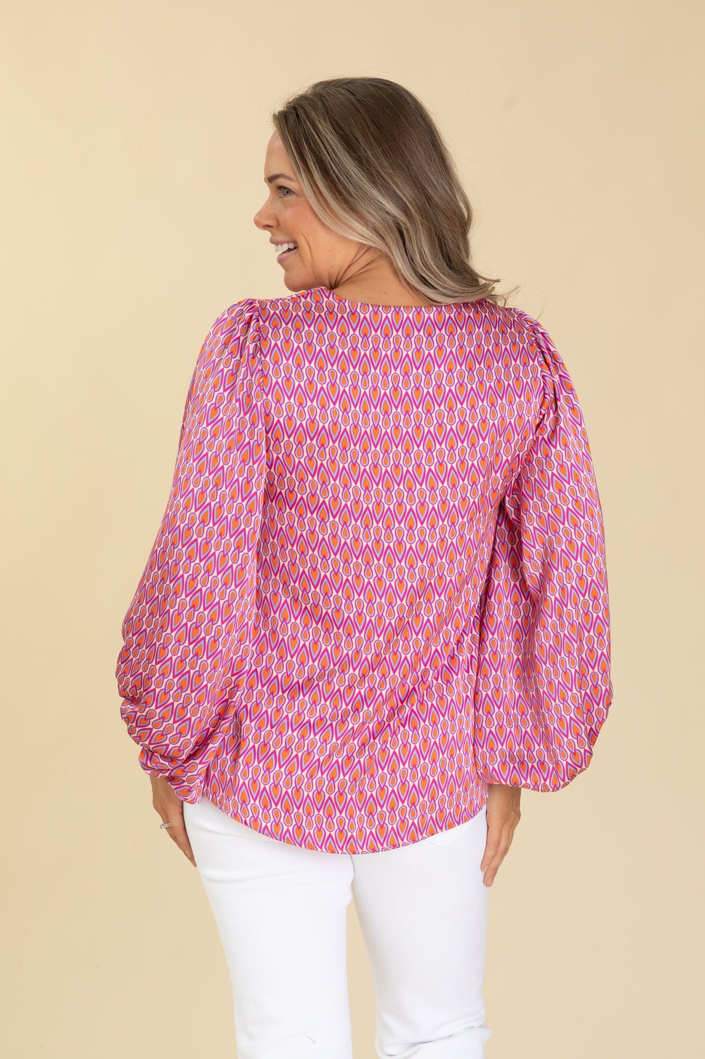 Pink Geometric Print V-Neck Long Sleeve Top