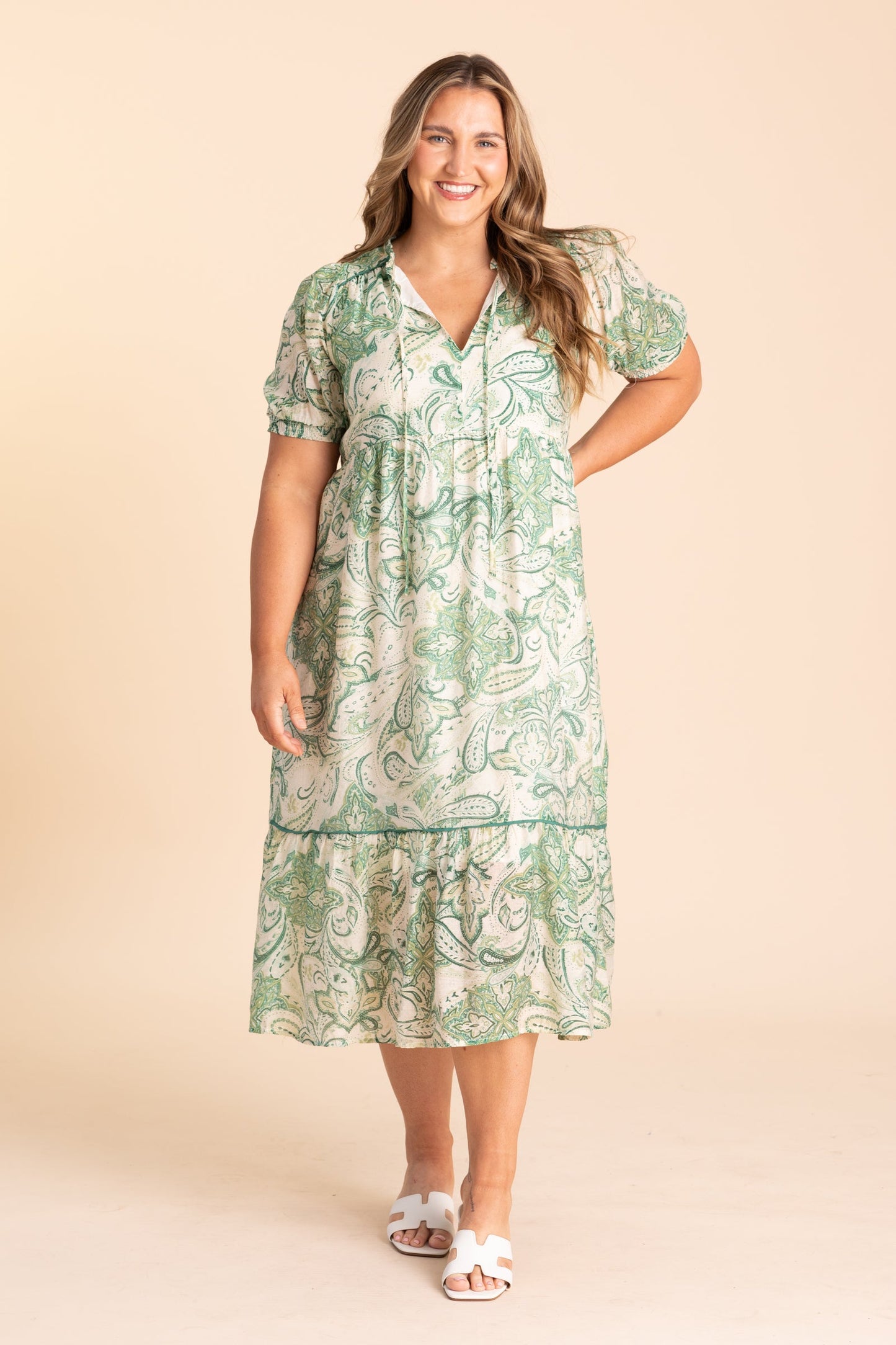 Green Swirl Print With Front Tie Midi Dress