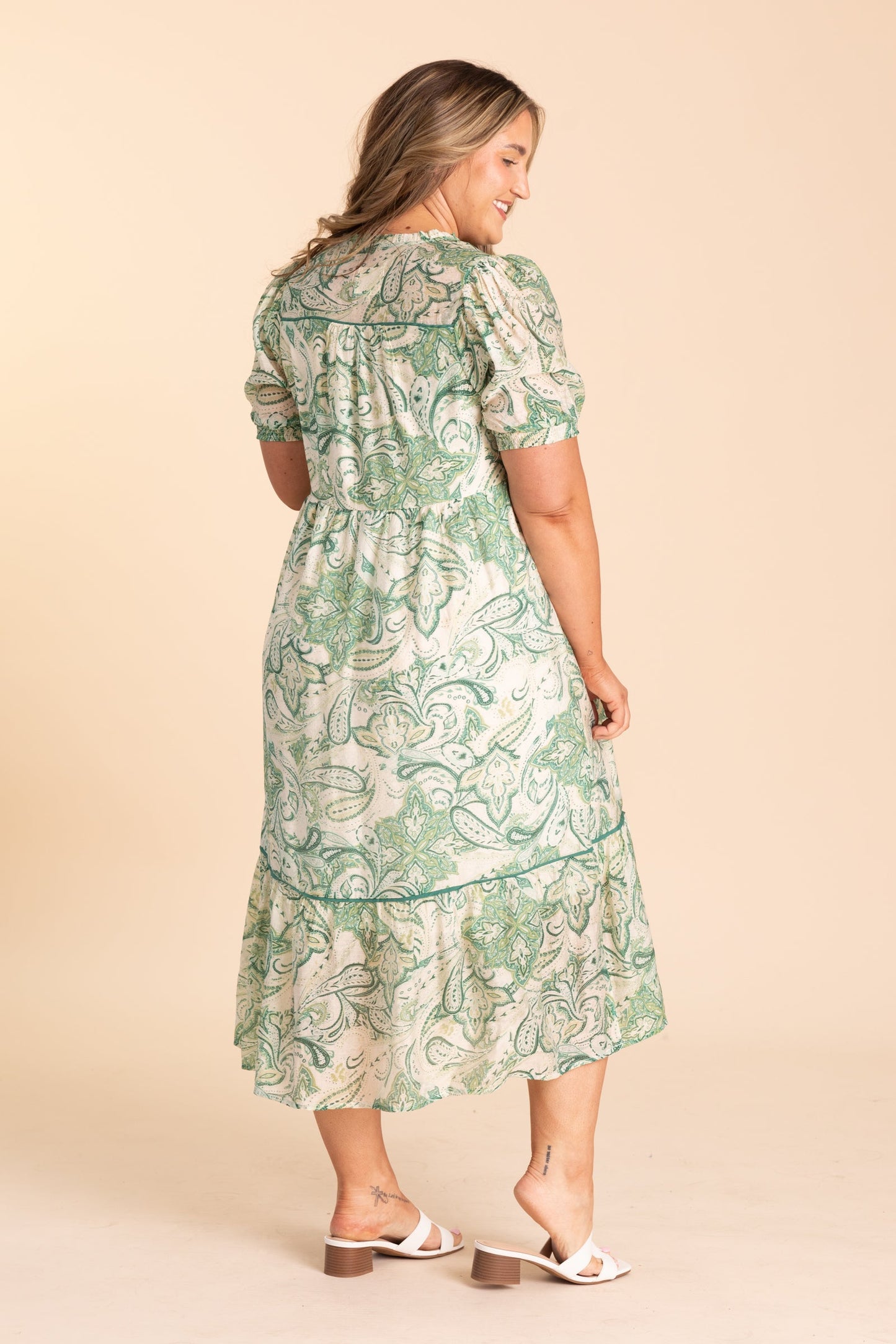 Green Swirl Print With Front Tie Midi Dress