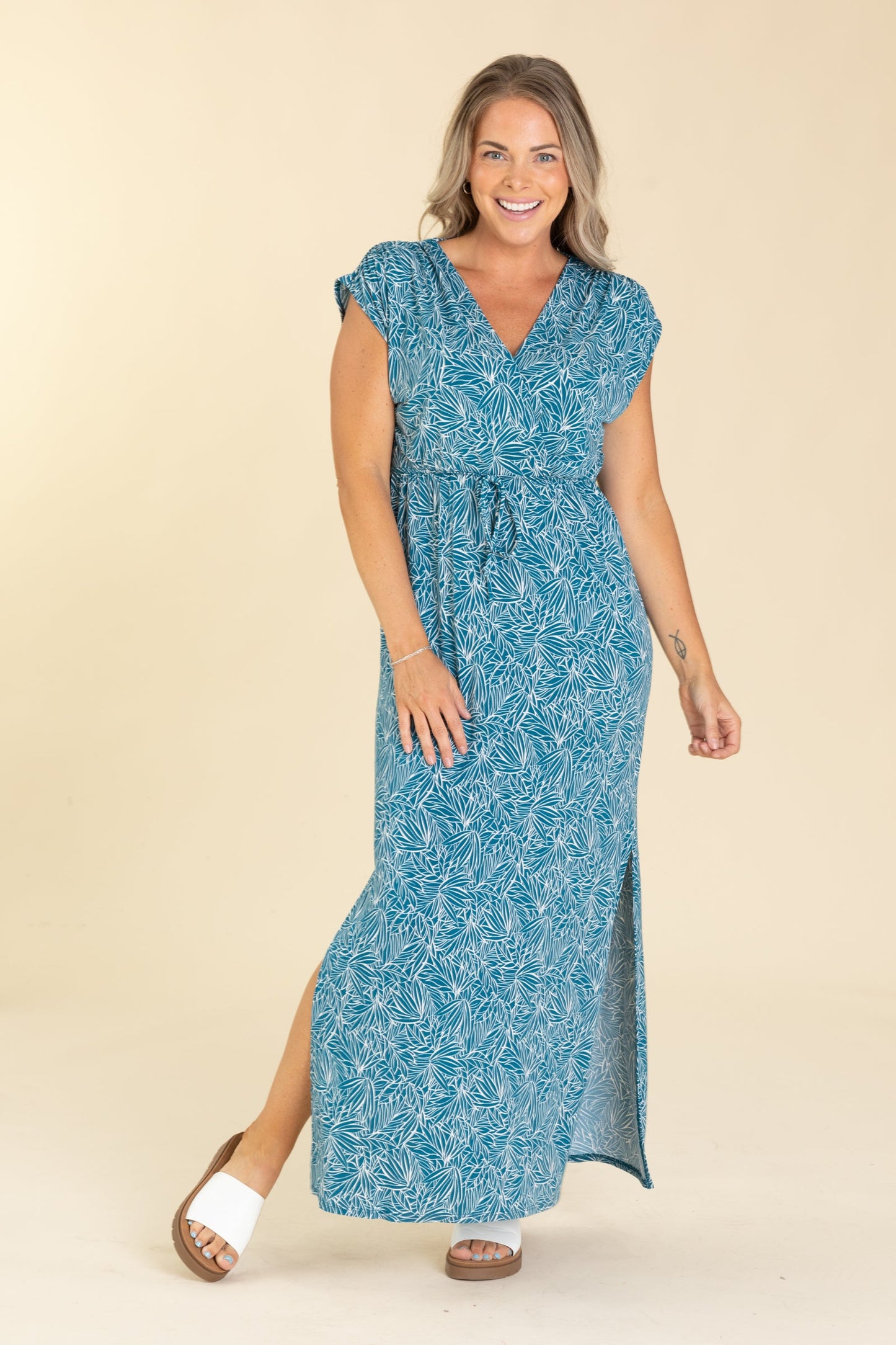 Teal V-Neck Tropical Print Maxi Dress