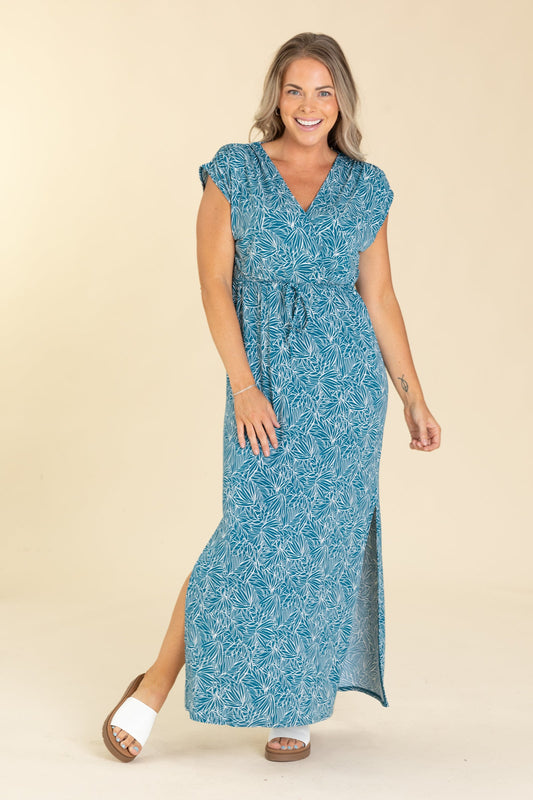 Teal V-Neck Tropical Print Maxi Dress