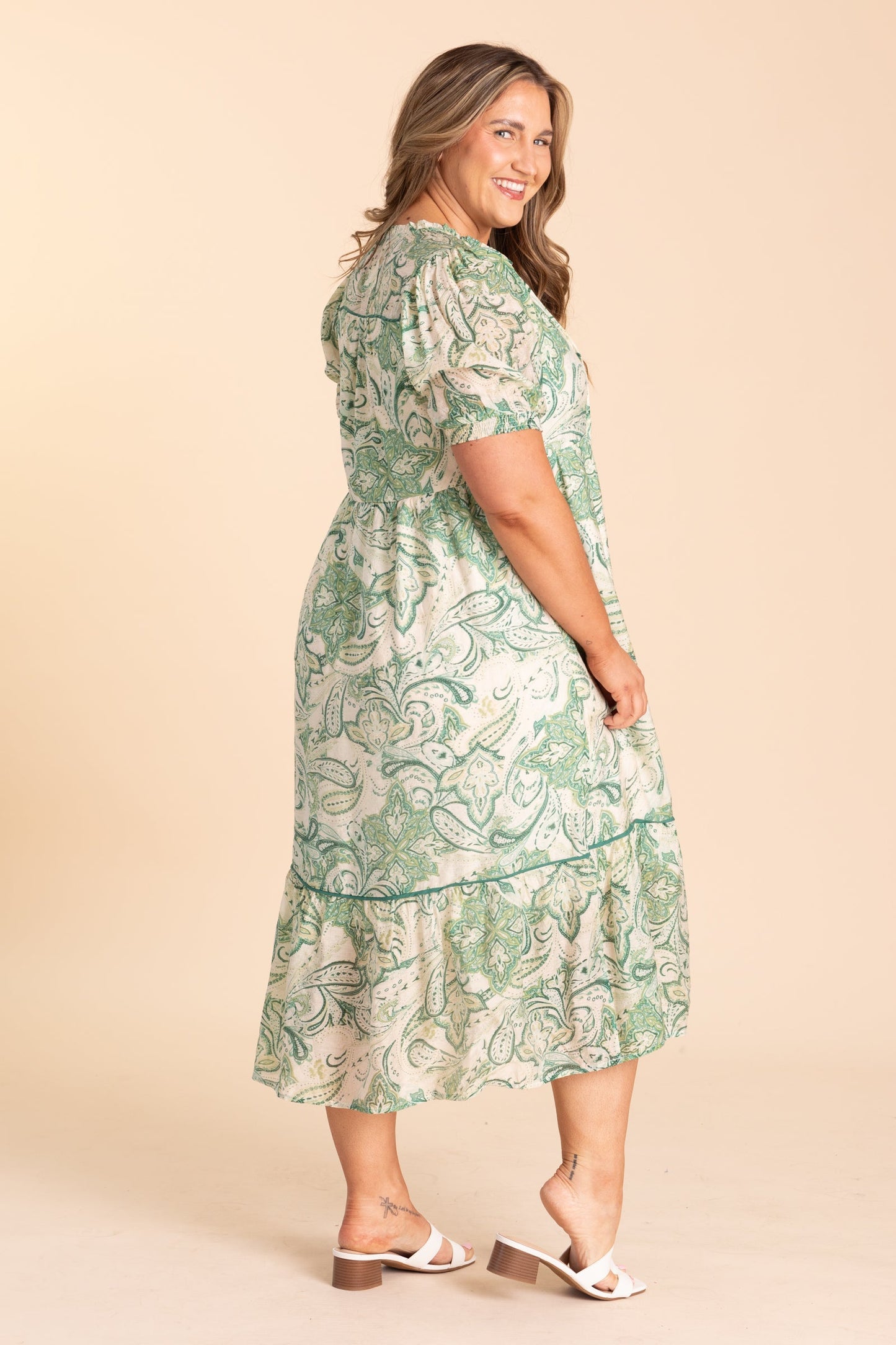 Green Swirl Print With Front Tie Midi Dress