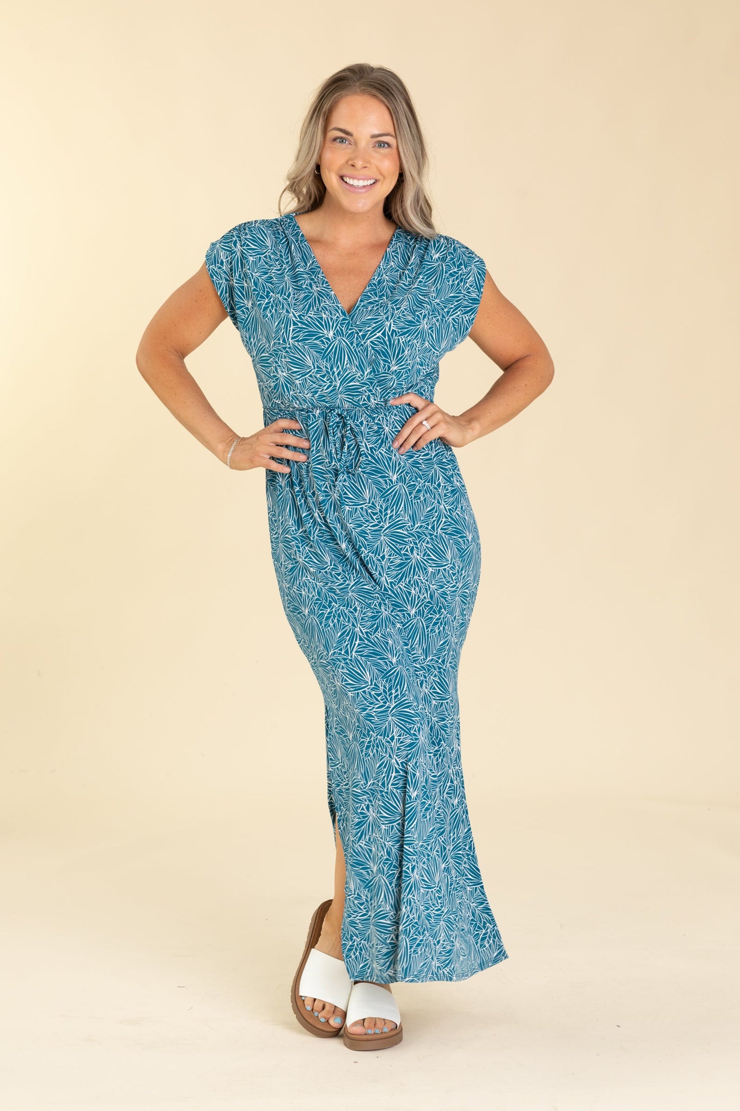 Teal V-Neck Tropical Print Maxi Dress