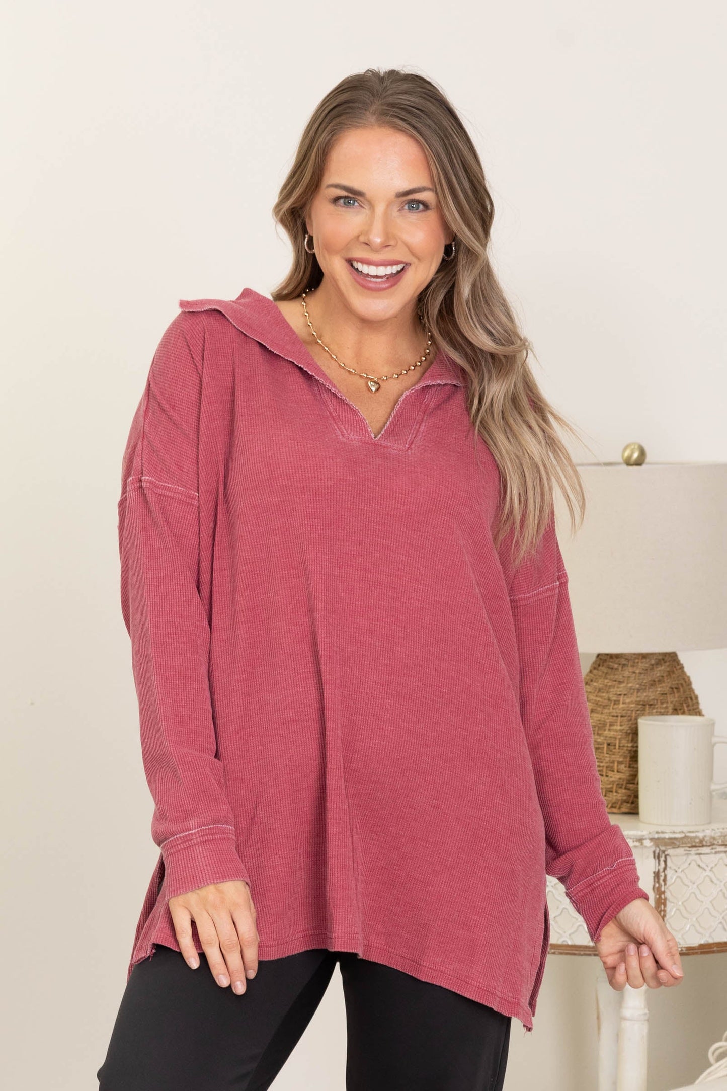 Waffle Knit Oversized Collared Long Sleeve Tops