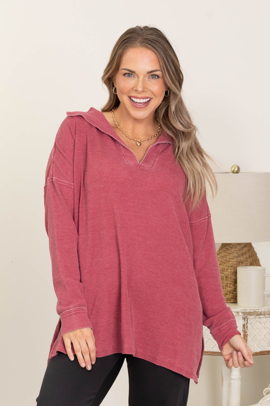 Waffle Knit Oversized Collared Long Sleeve Tops