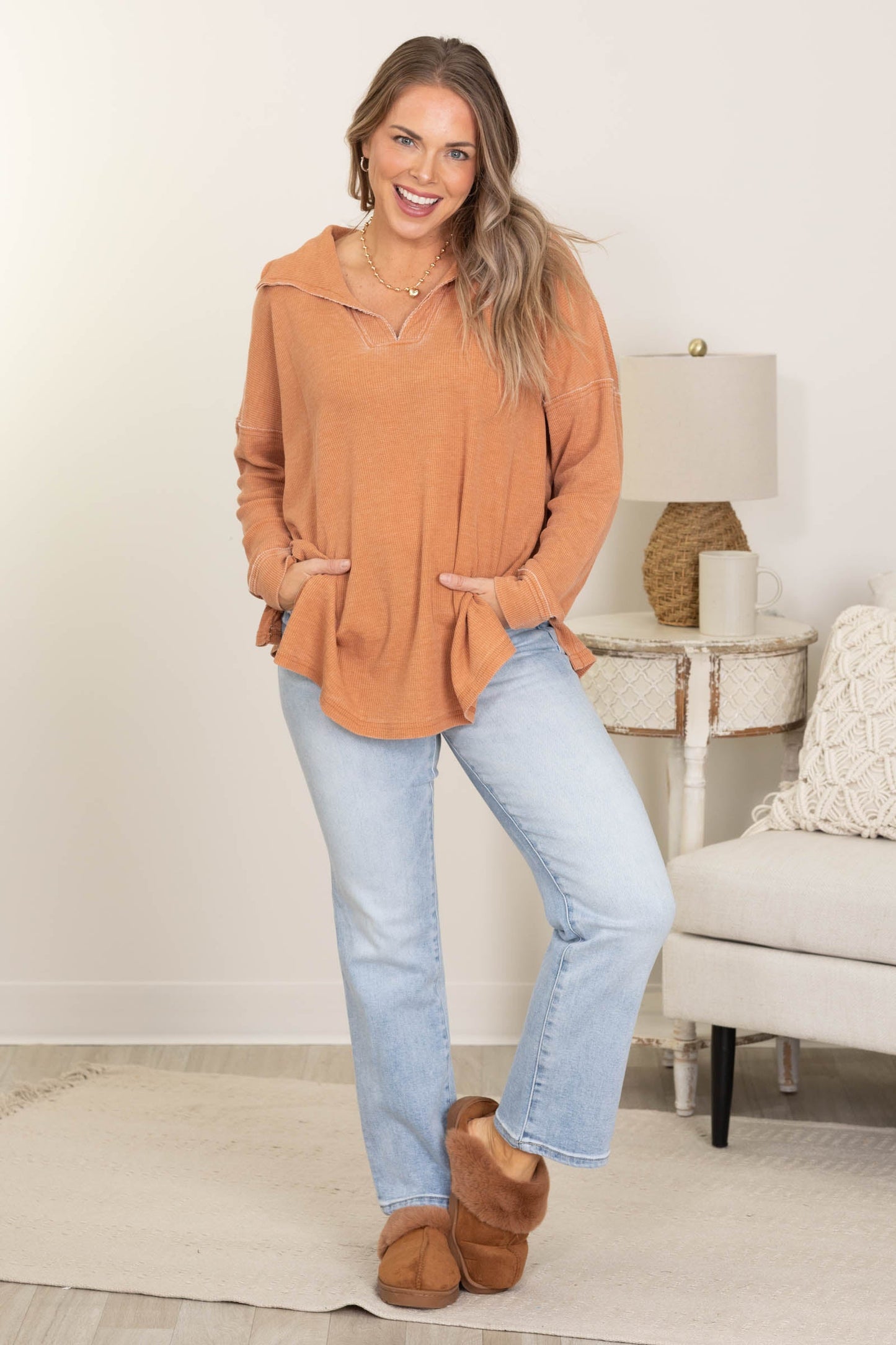 Waffle Knit Oversized Collared Long Sleeve Tops