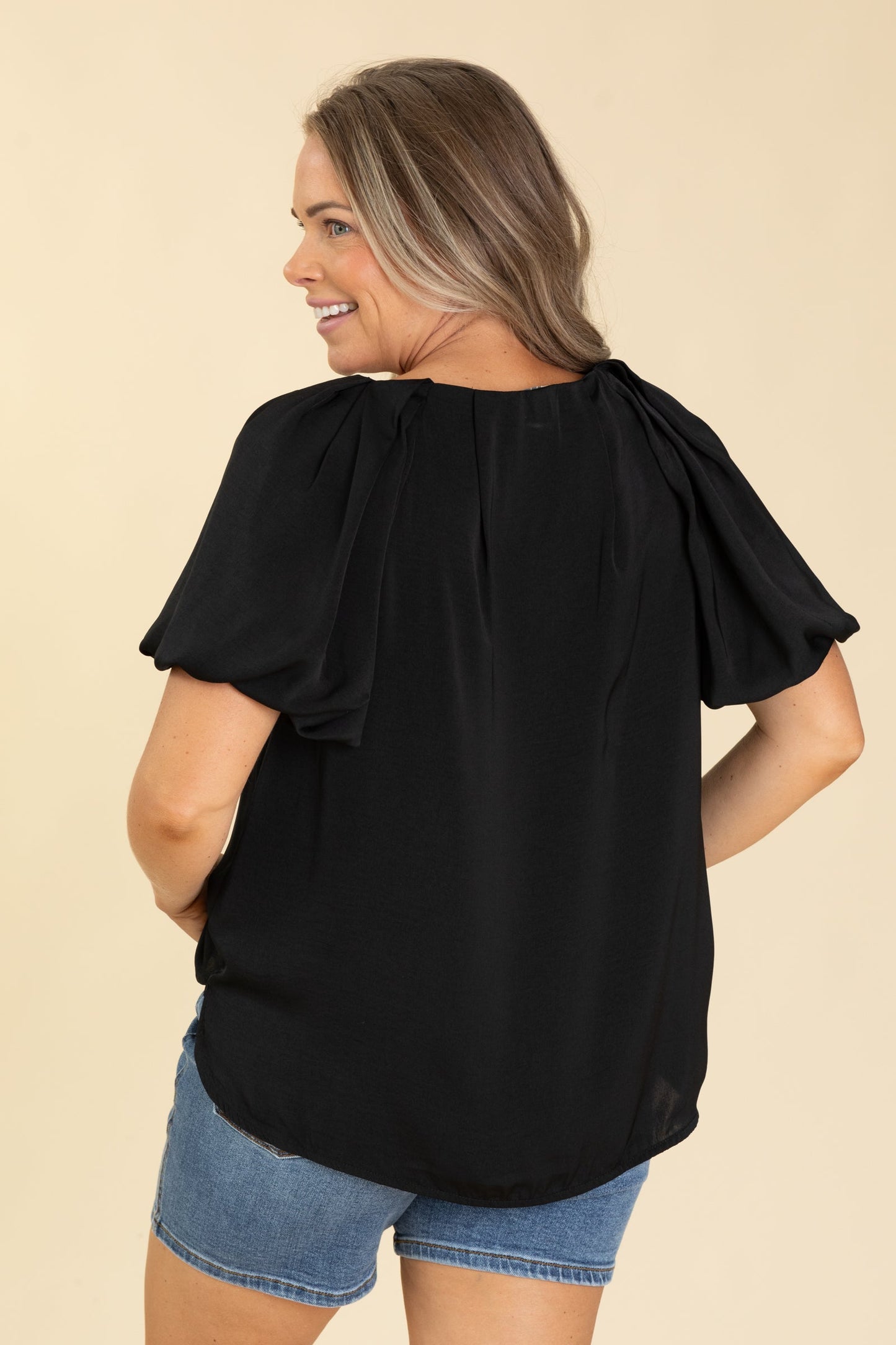 Black With Gold Bar Puff Sleeve Woven Top