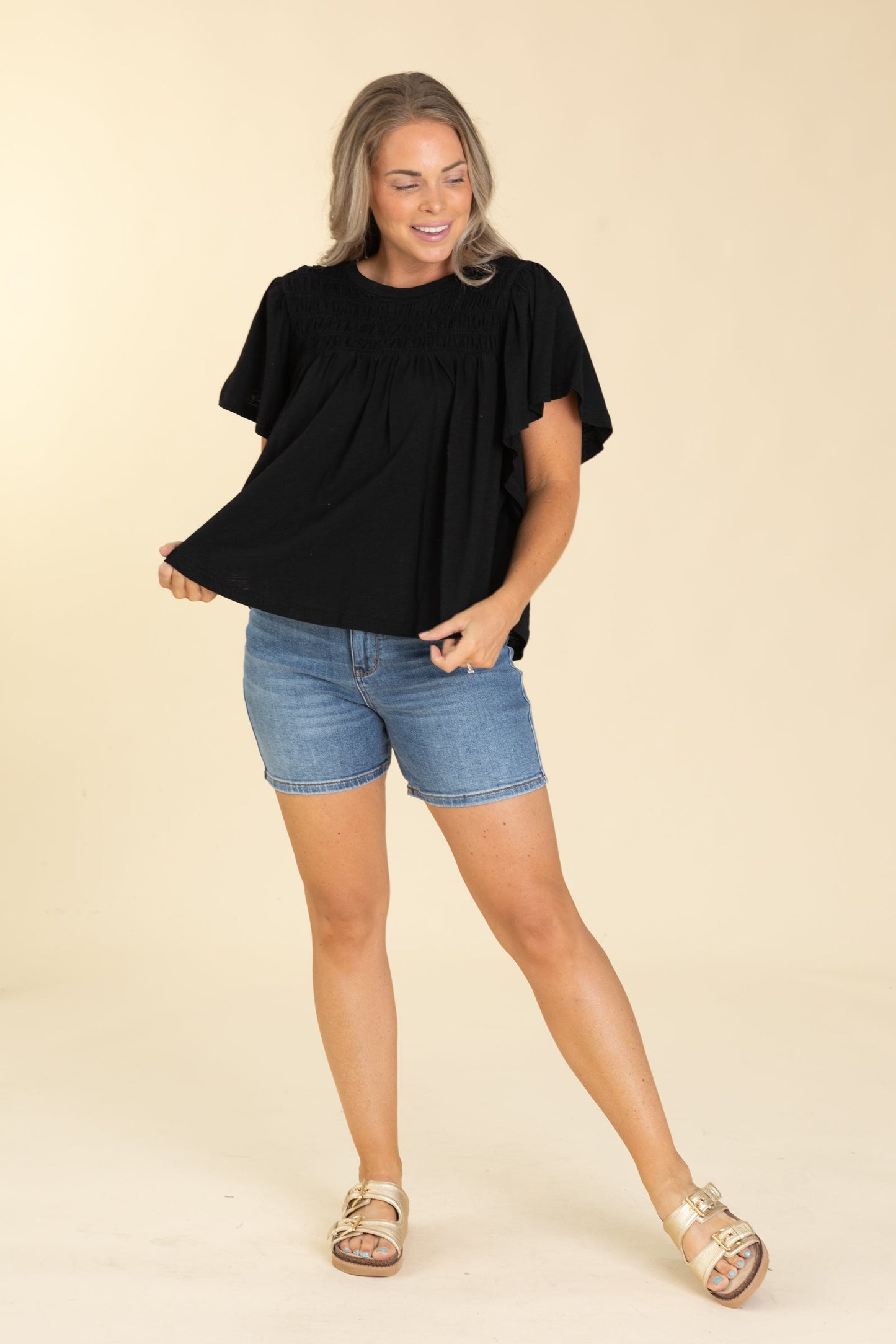 Black Smocking Detail Flutter Sleeve Knit Top