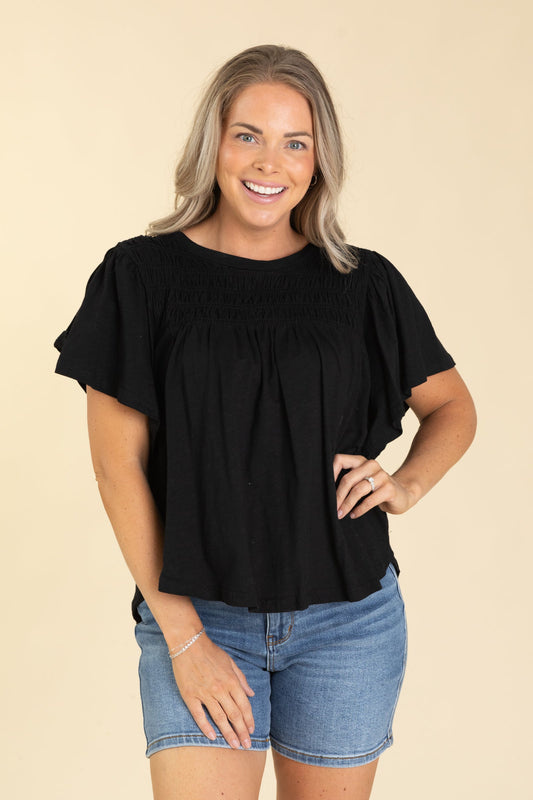 Black Smocking Detail Flutter Sleeve Knit Top
