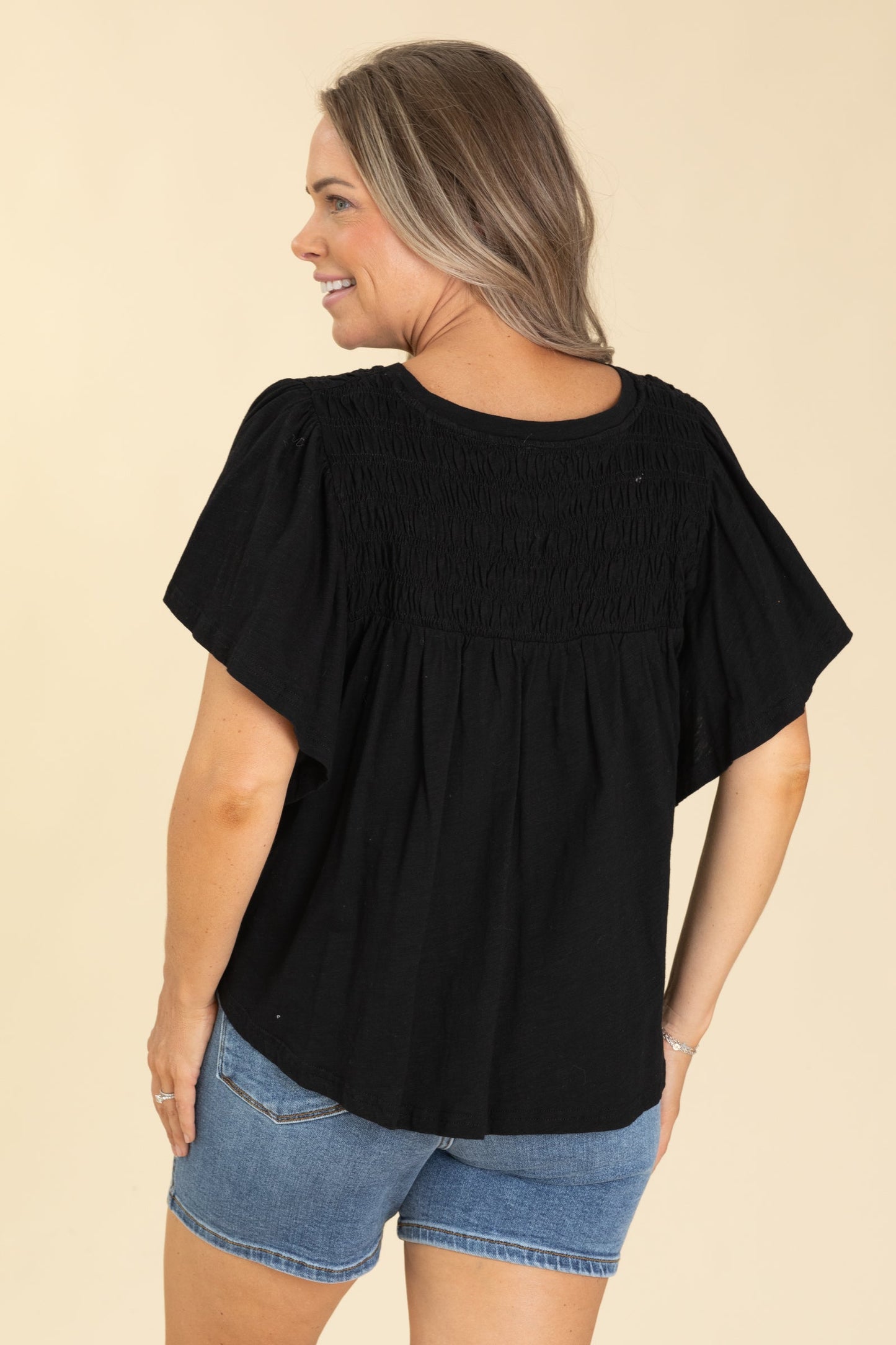 Black Smocking Detail Flutter Sleeve Knit Top