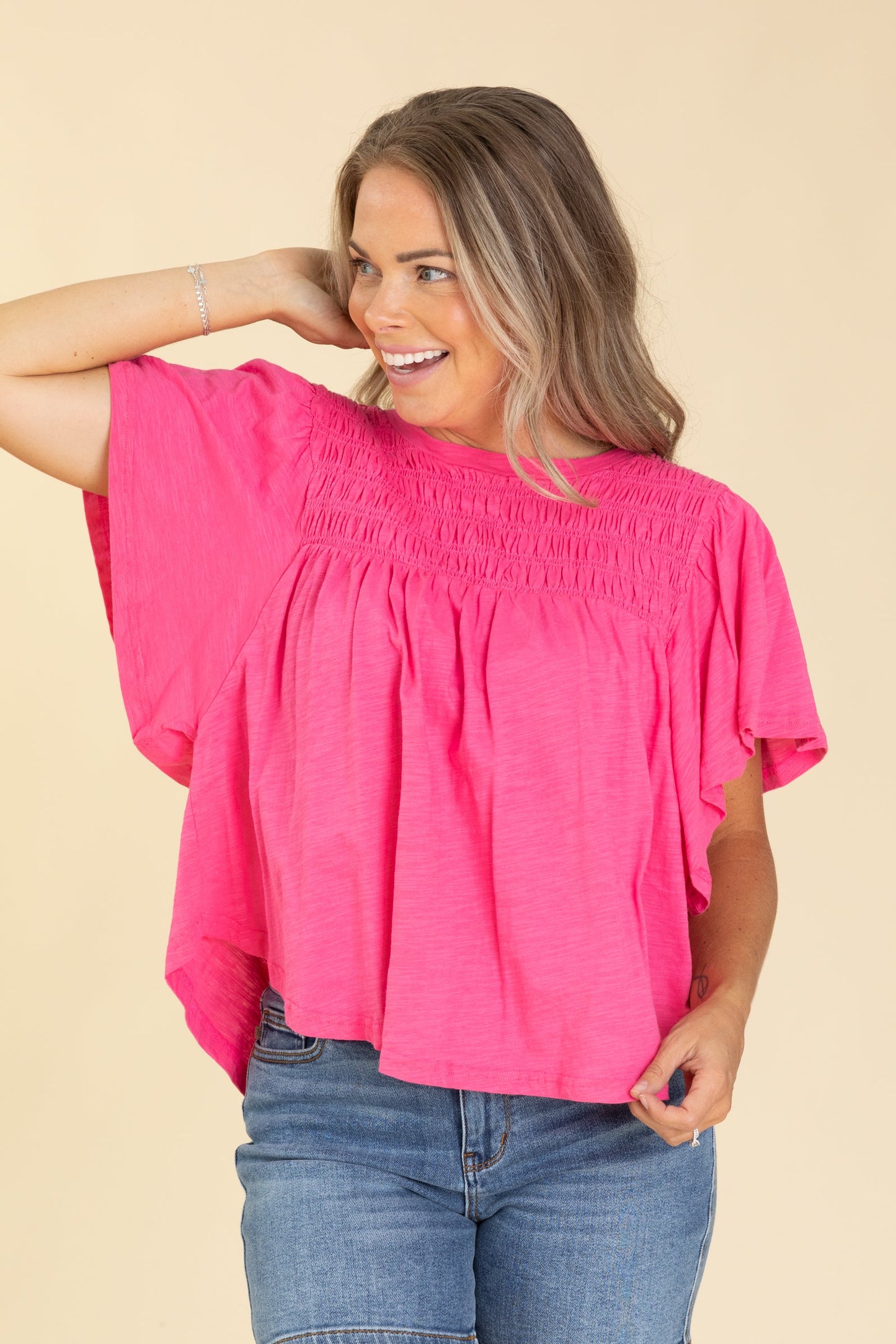 Pink Smocking Detail Flutter Sleeve Knit Top