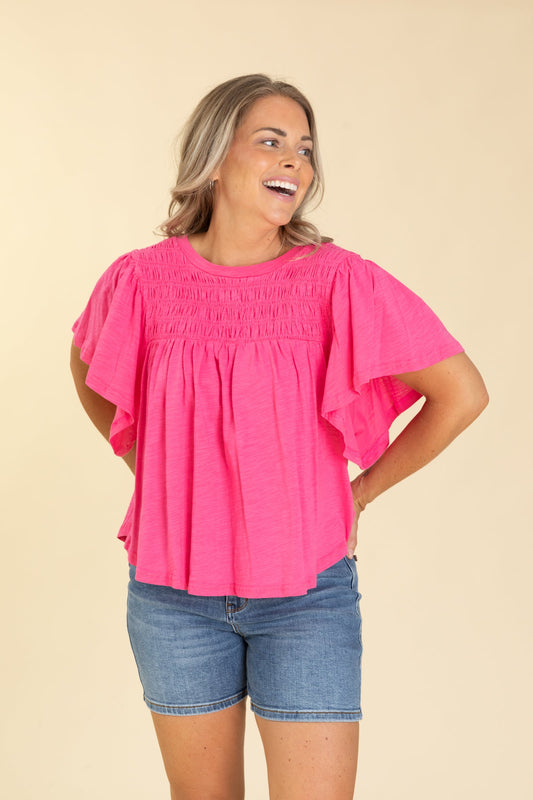 Pink Smocking Detail Flutter Sleeve Knit Top