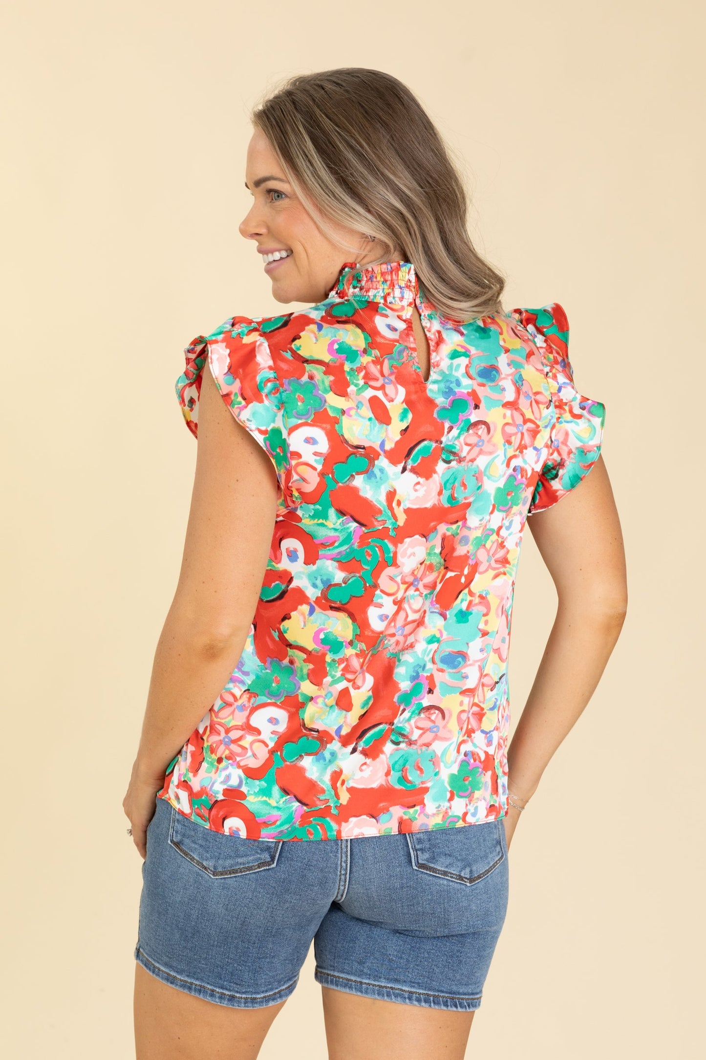 Red Mock Neck Floral Printed Woven Top