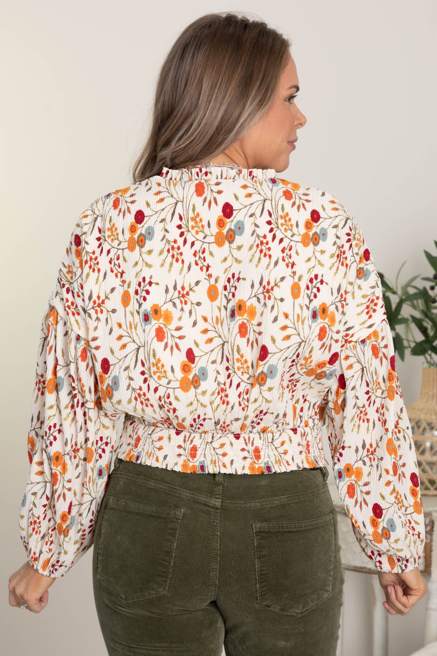 Ivory Multicolor Fern Print Long Sleeve Top